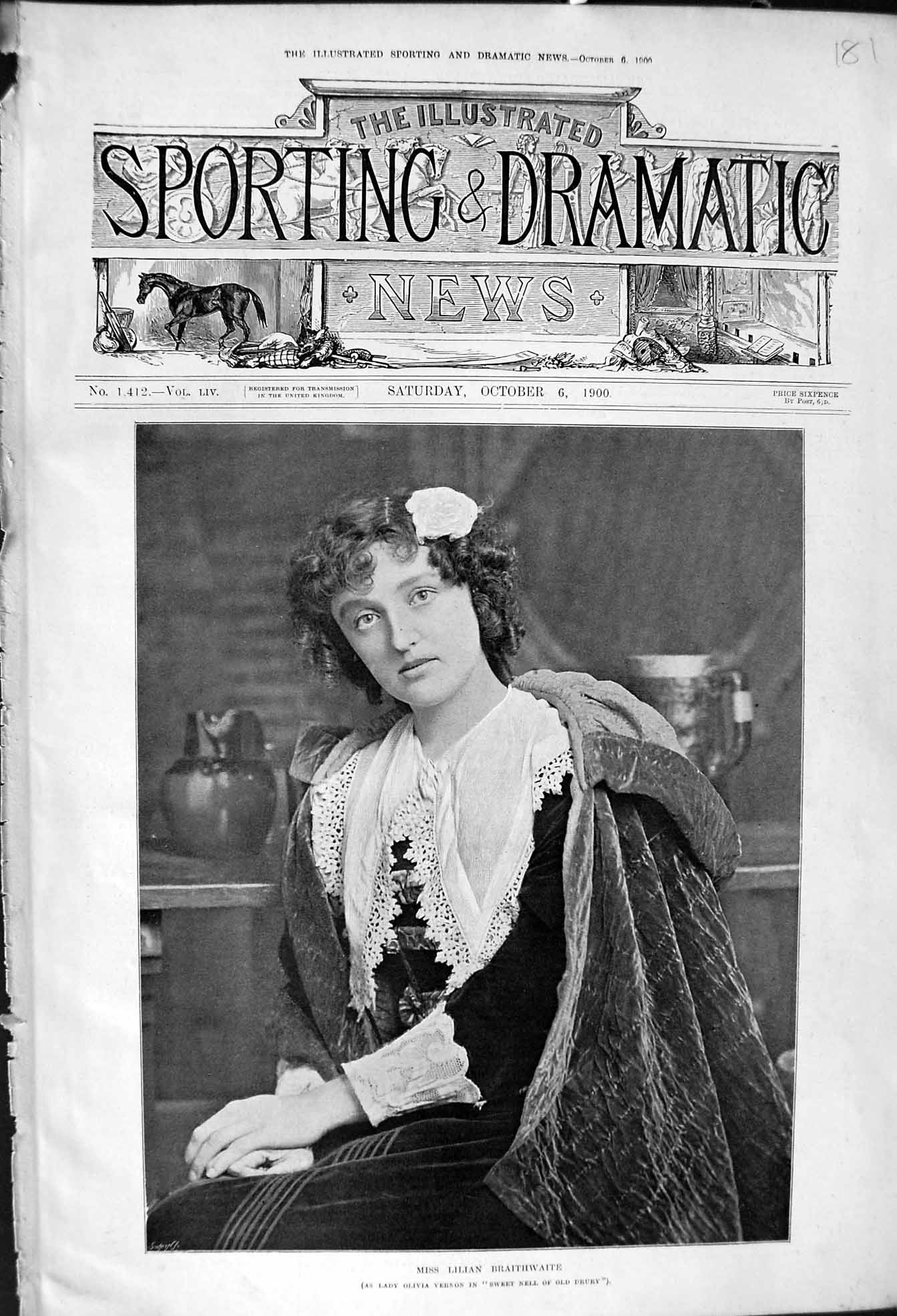 Old Print 1900 Miss Lillian Braithwaite Lady Olivia Vernon Drury Theatre 20th