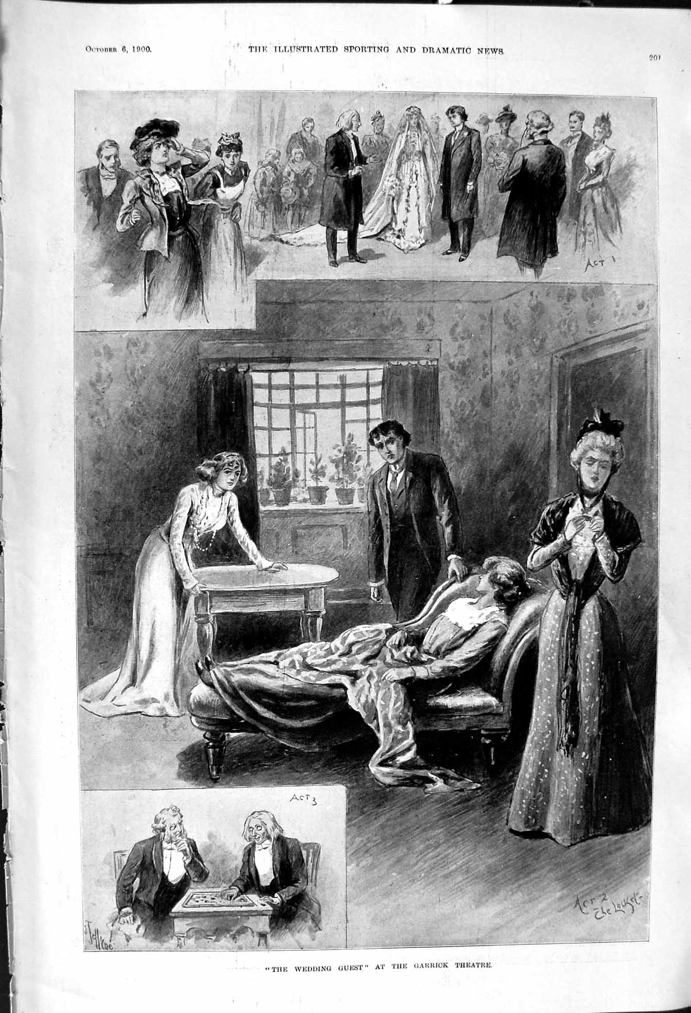 Antique Print 1900 Wedding Guest Garrick Theatre Scene Actors ActLocket 20th