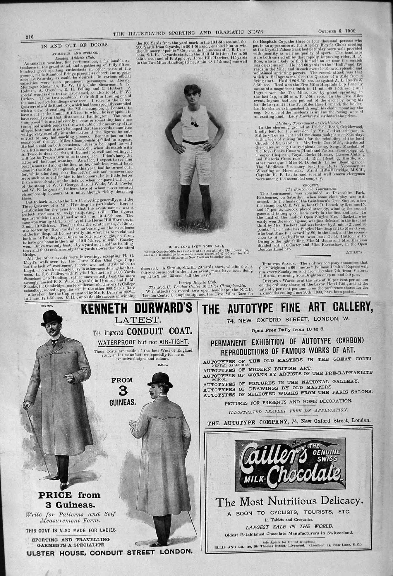 Old Print 1900 Athlete Long Kenneth Durward Coat Caillers Swiss Chocolate 20th