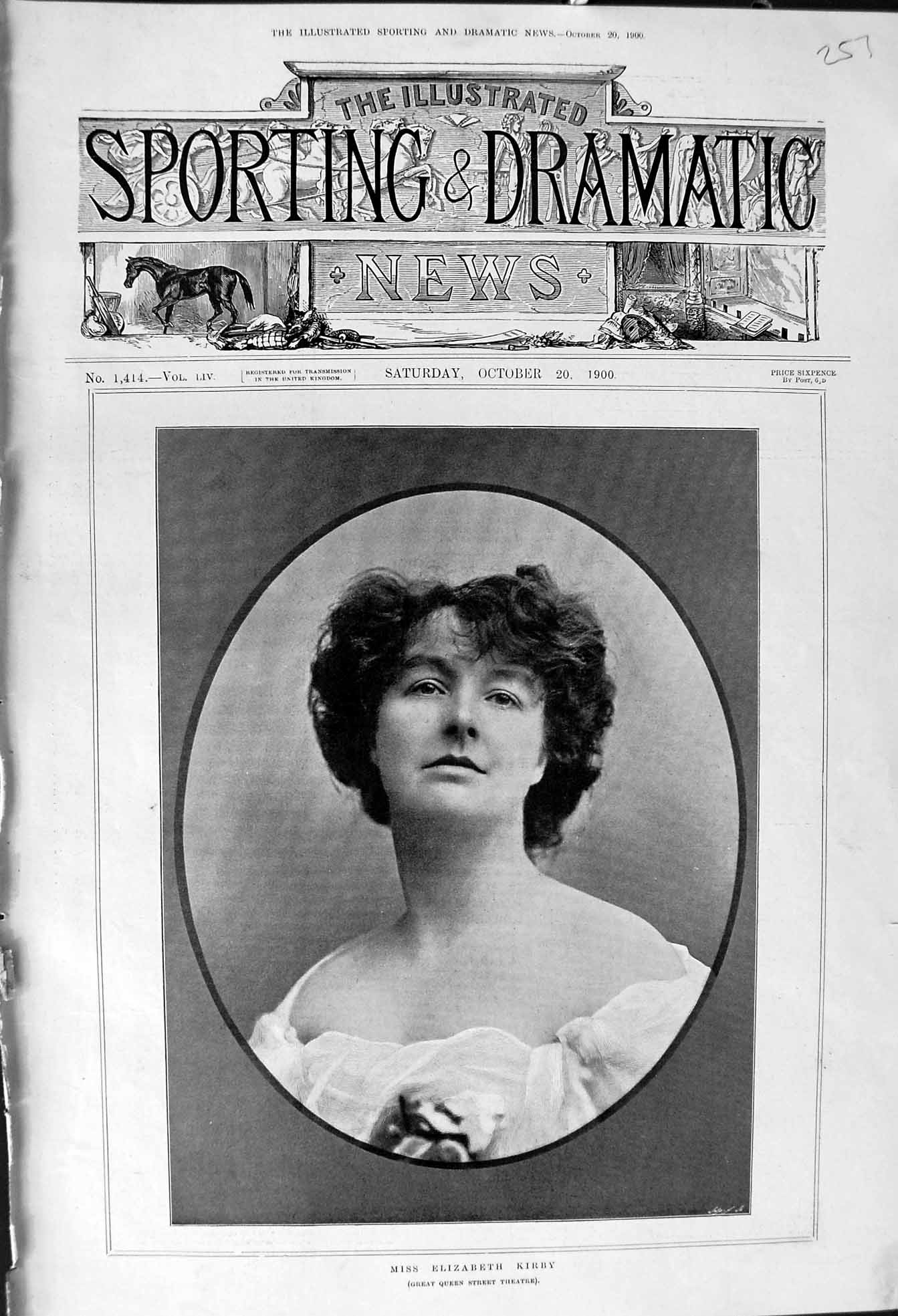 Antique Print 1900 Miss Elizabeth Kirby Great Queen Street Theatre Actress 20th