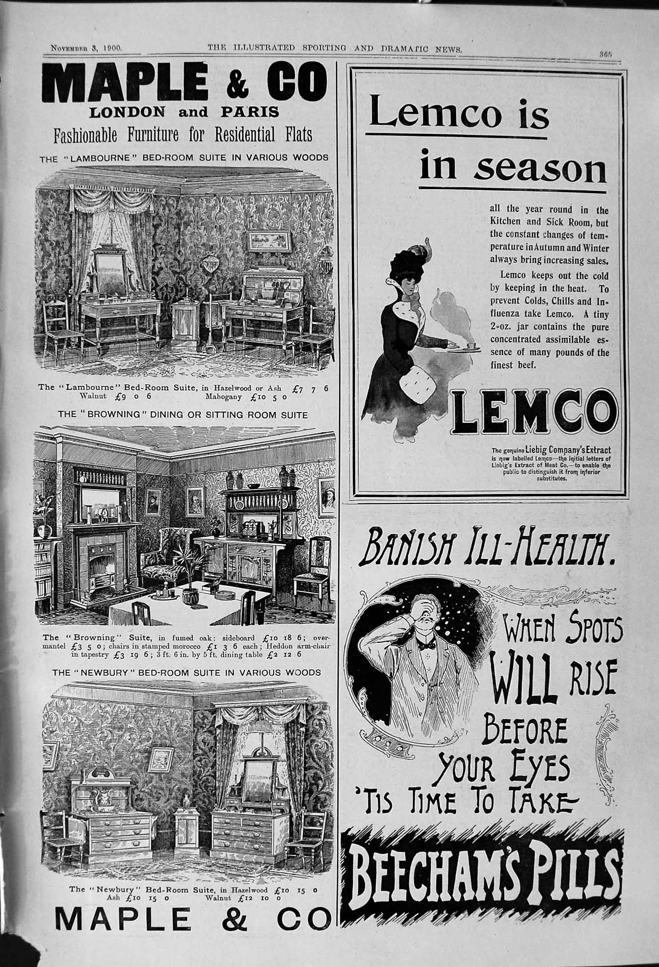 Antique Old Print 1900 Maple Furniture Lemco Liebig Extract Beechams Pills 20th