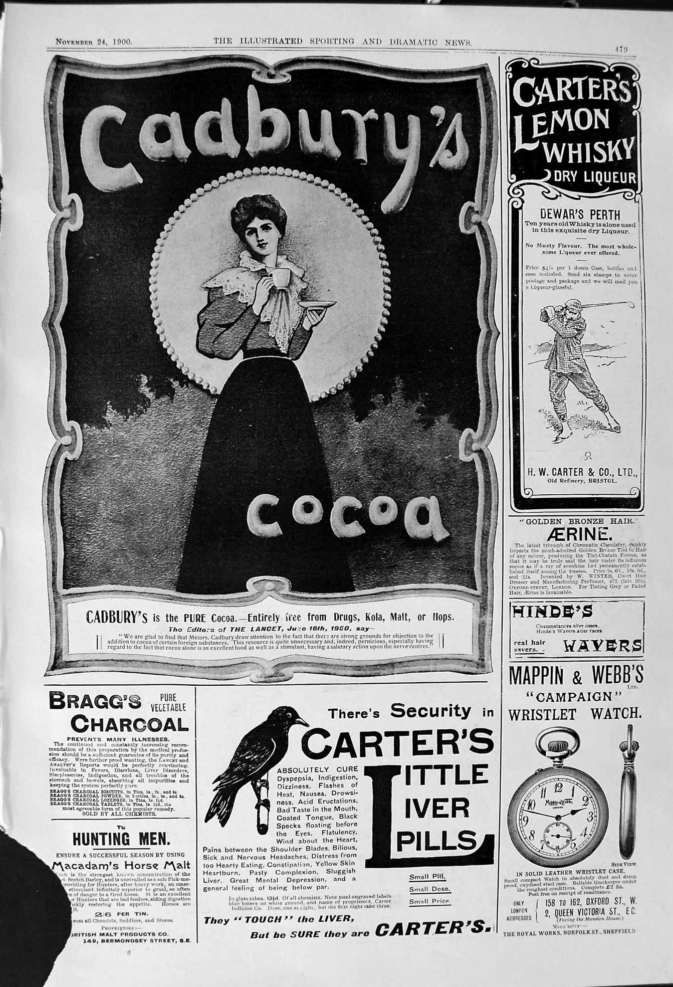 Old Print 1900 Cadburys Cocoa Carters Liver Pills Whisky Thompson Jockey 20th