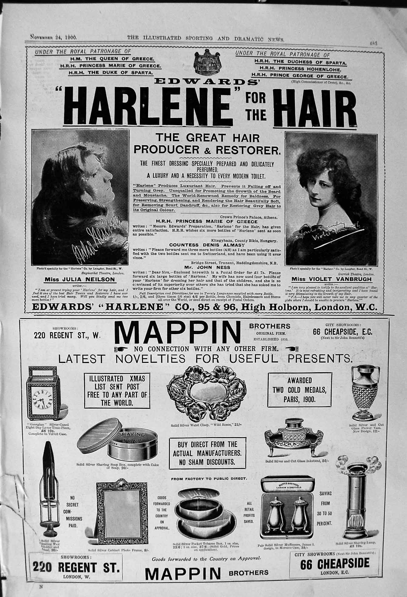 Antique Old Print 1900 Harlene Hair Restorer Mappin Brothers Cheapside London