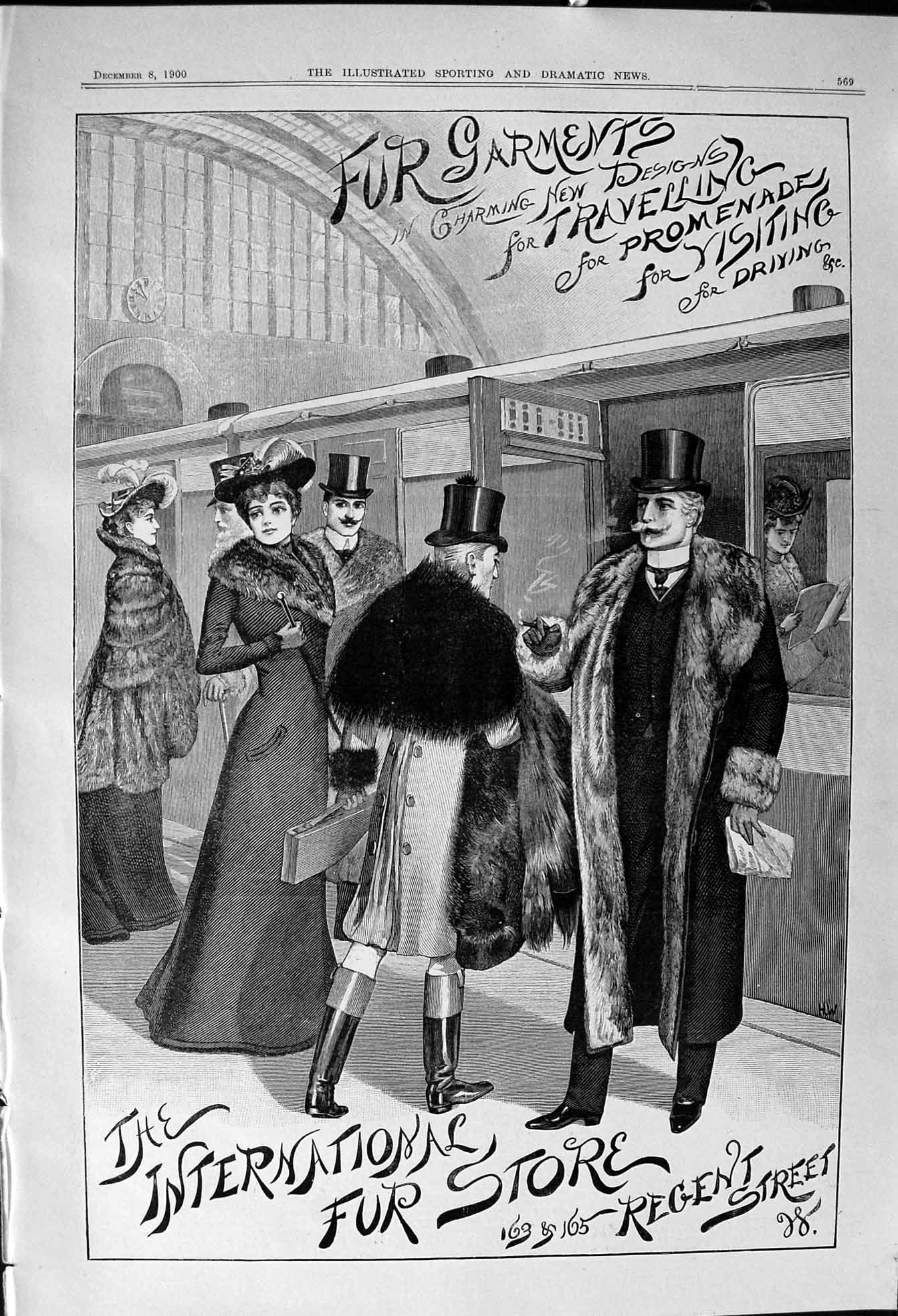 Old Print 1900 International Fur Store Regent Stree London Railway Train 20th