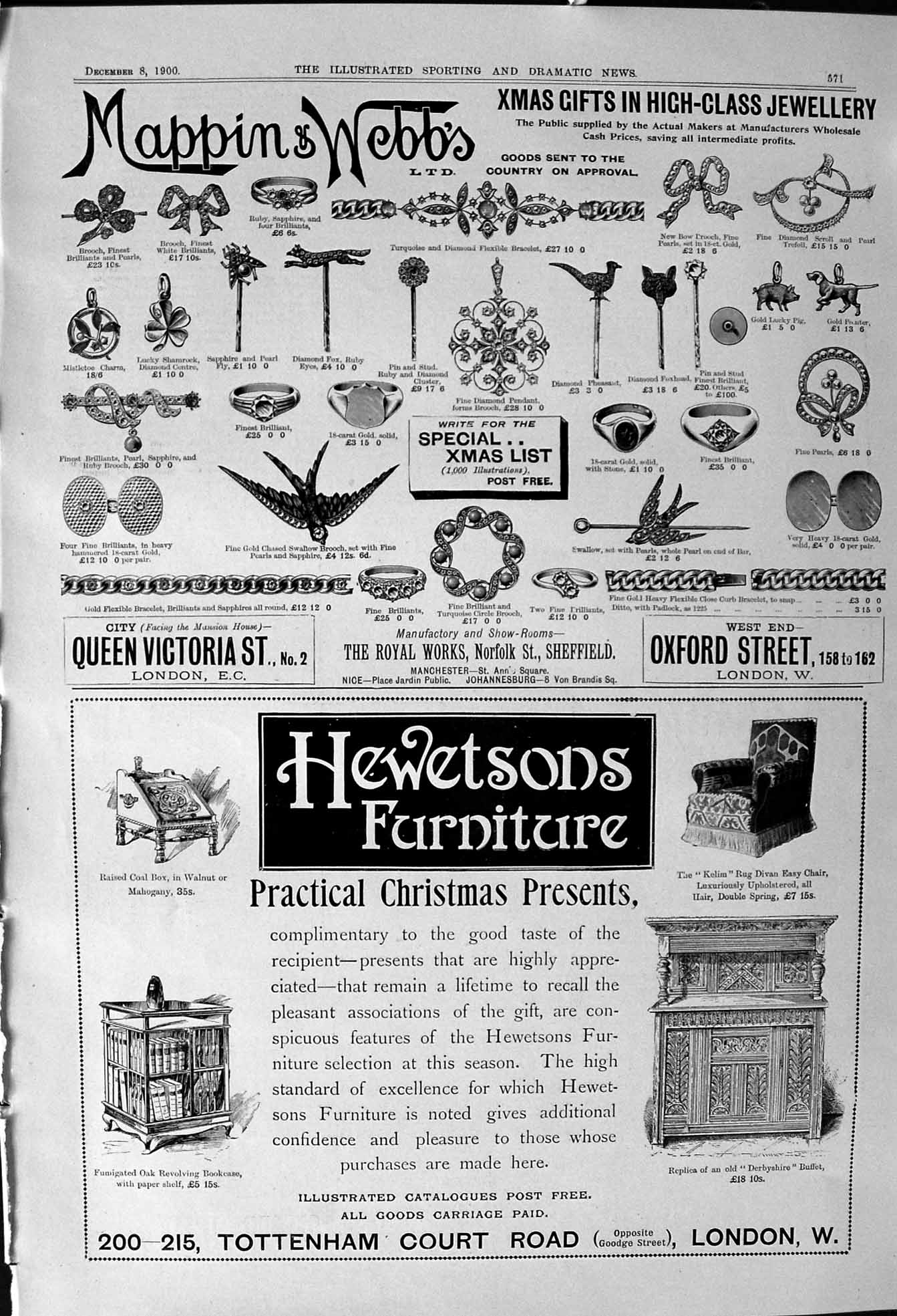 Old 1900 Advertisement Mappin Webb Jewellery Hewetsons Furniture Lond Victorian