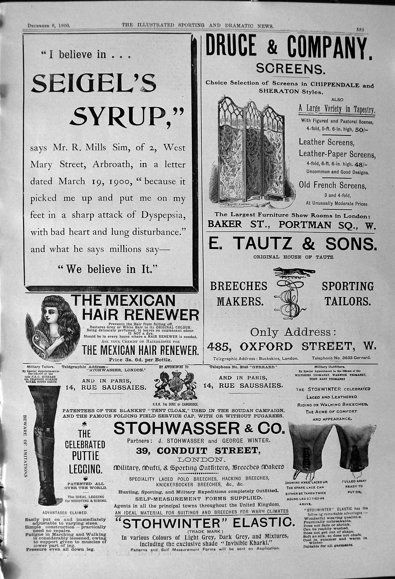 Antique Old Print 1900 Druce Screens Seigel Syrup Stohwasser Tautz Tailors 20th