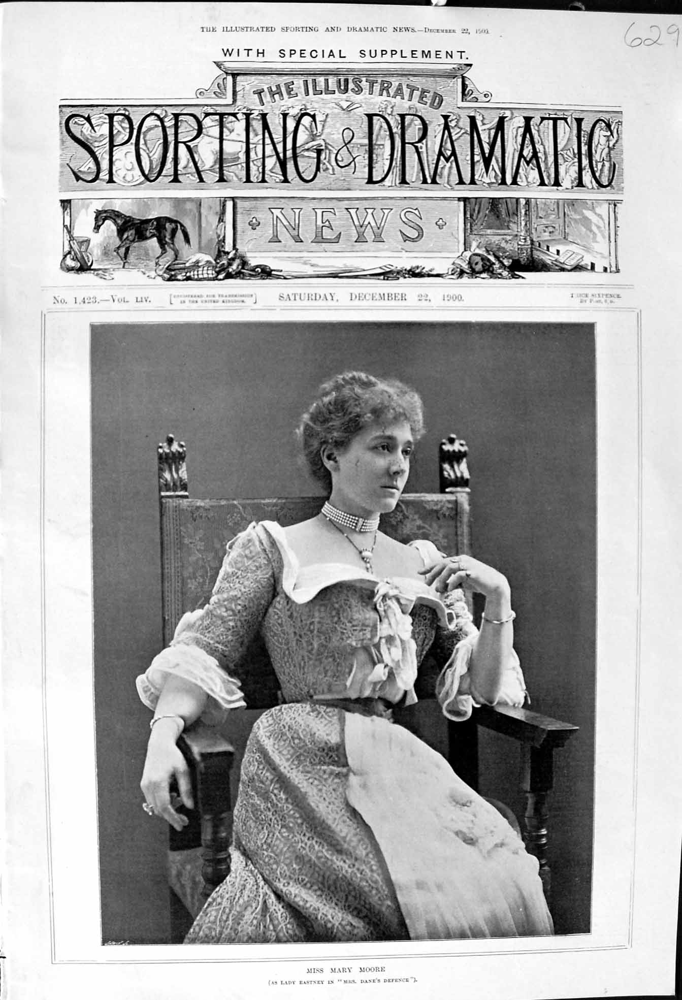 Antique Old Print 1900 Miss Mary Moore Lady Eastney Theatre Dance'S Defence