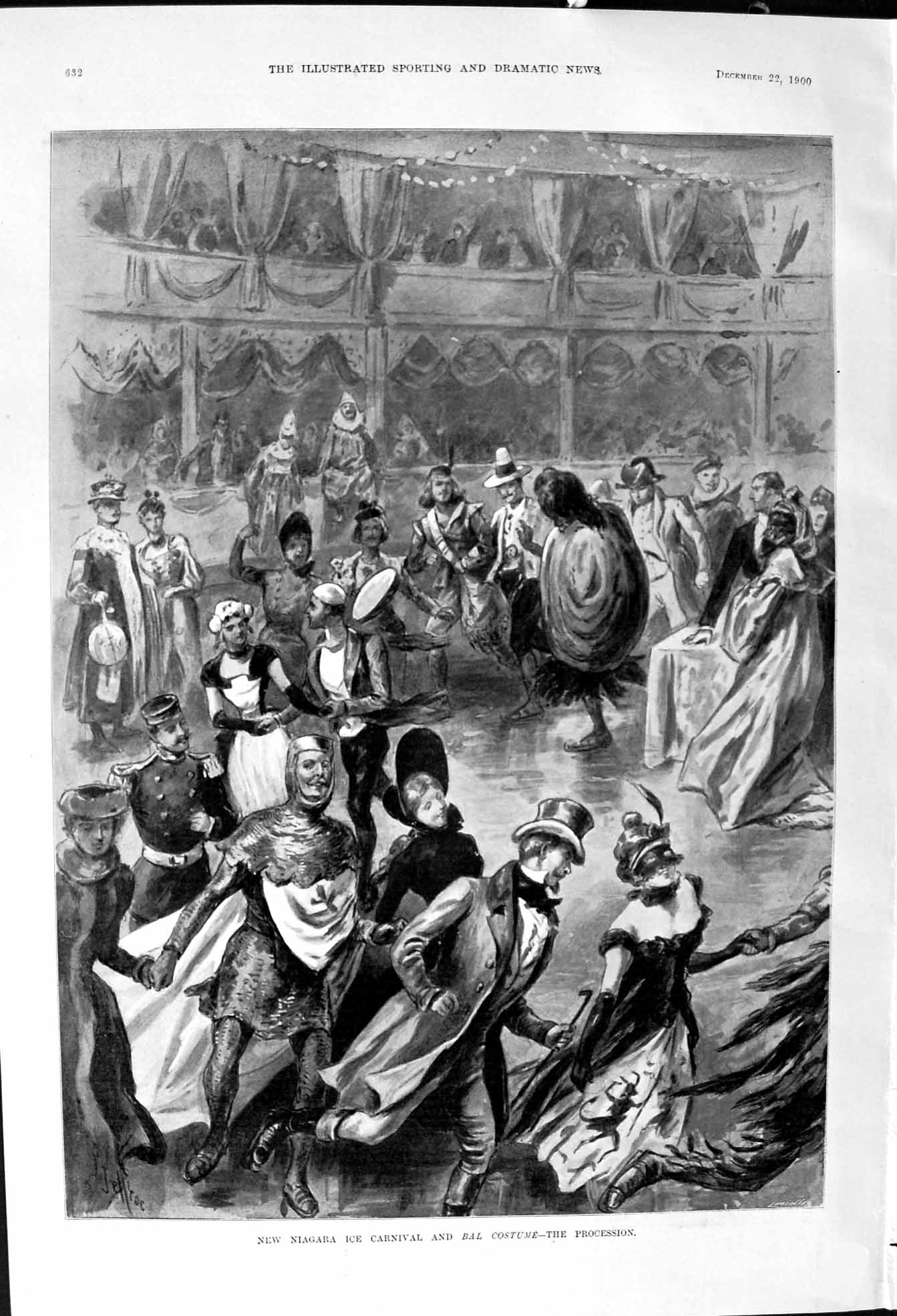 Antique Print 1900 Niagara Ice Carnival Bal Costume Procession Fancy Dress 20th