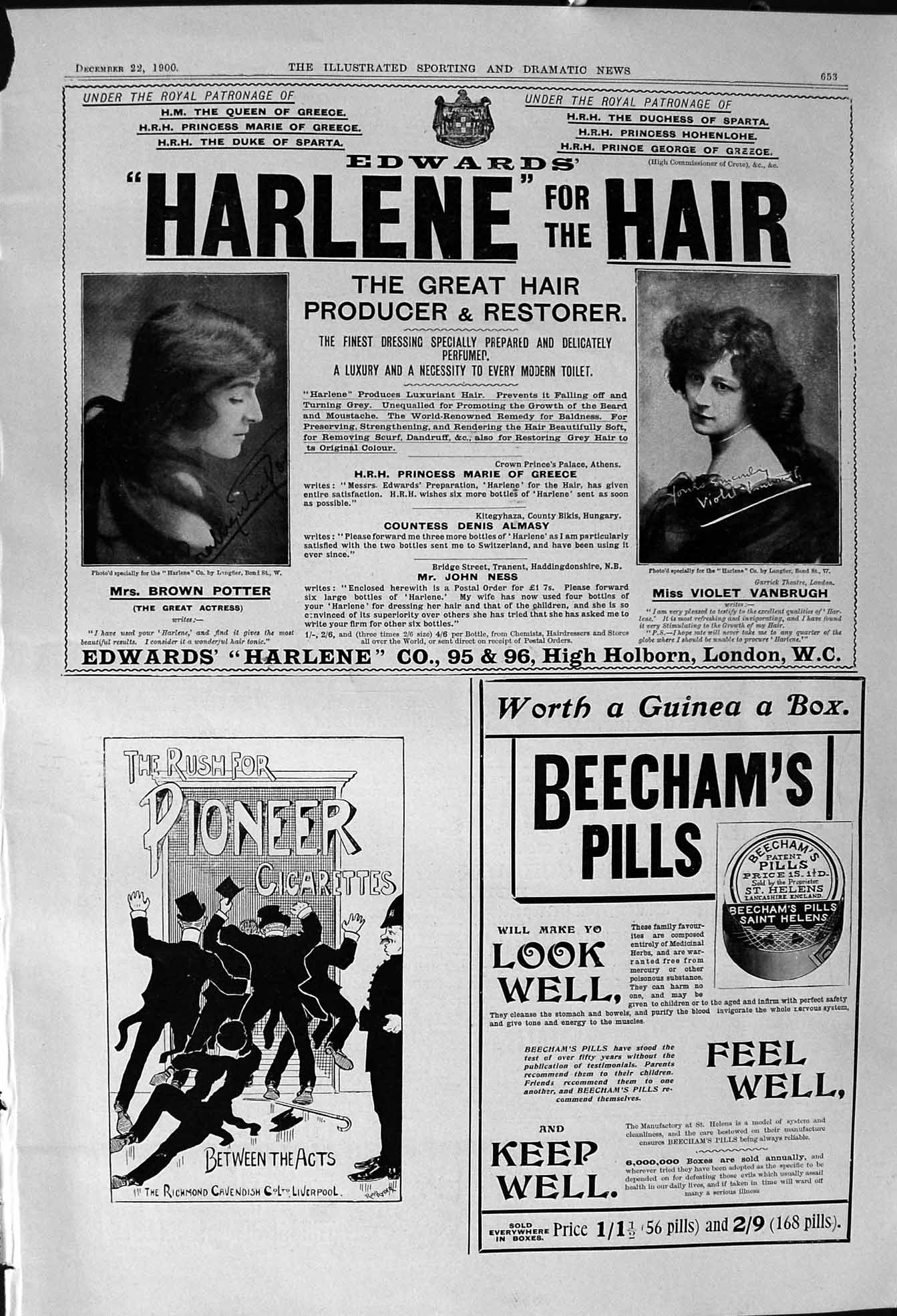 Old 1900 Advertisement Edwards Harlene Beechams Pills Pioneer Cigaret Victorian
