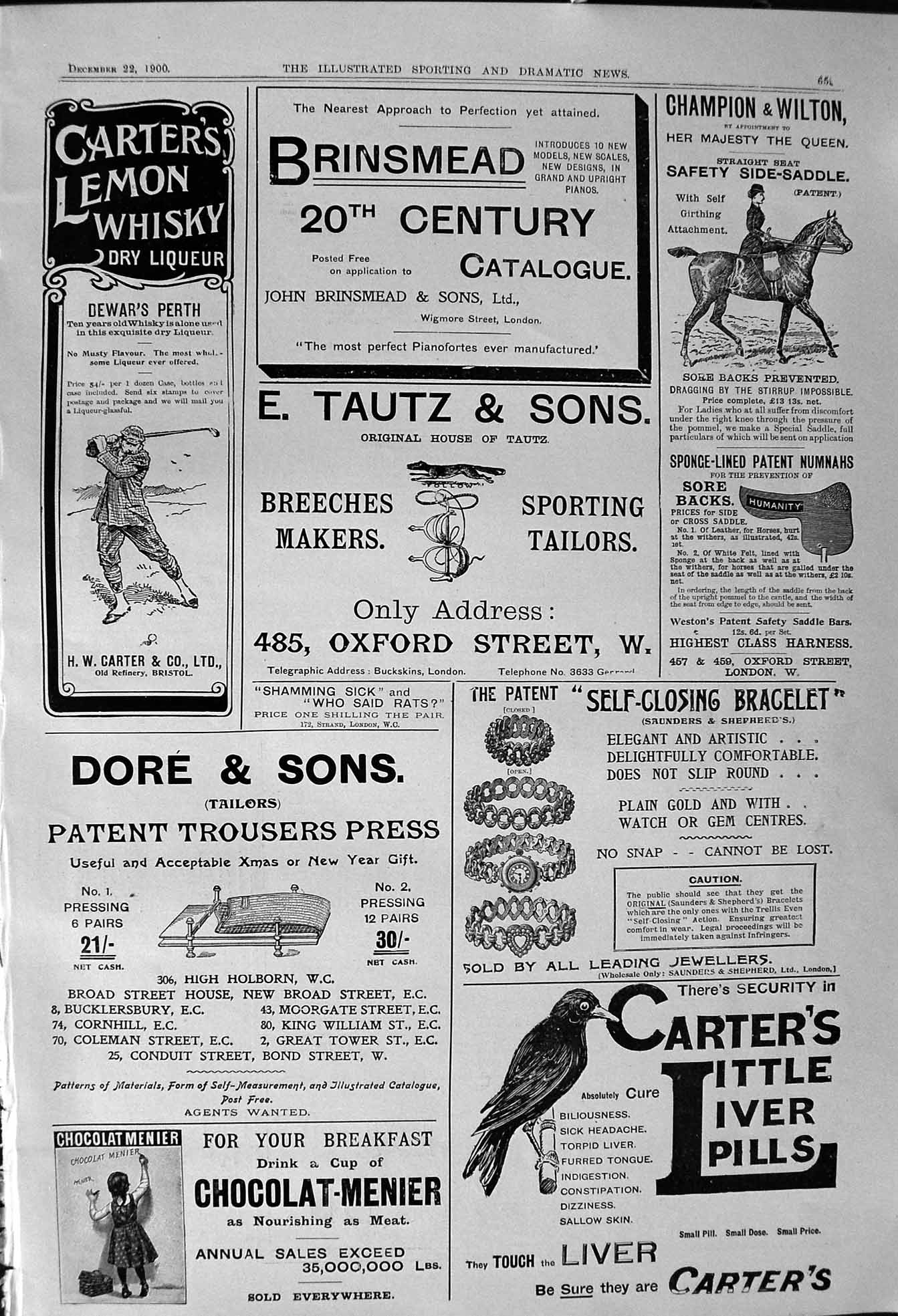 Antique Print 1900 Carters Liver Pills Brinsmead Whisky Dore Trouser Press 20th