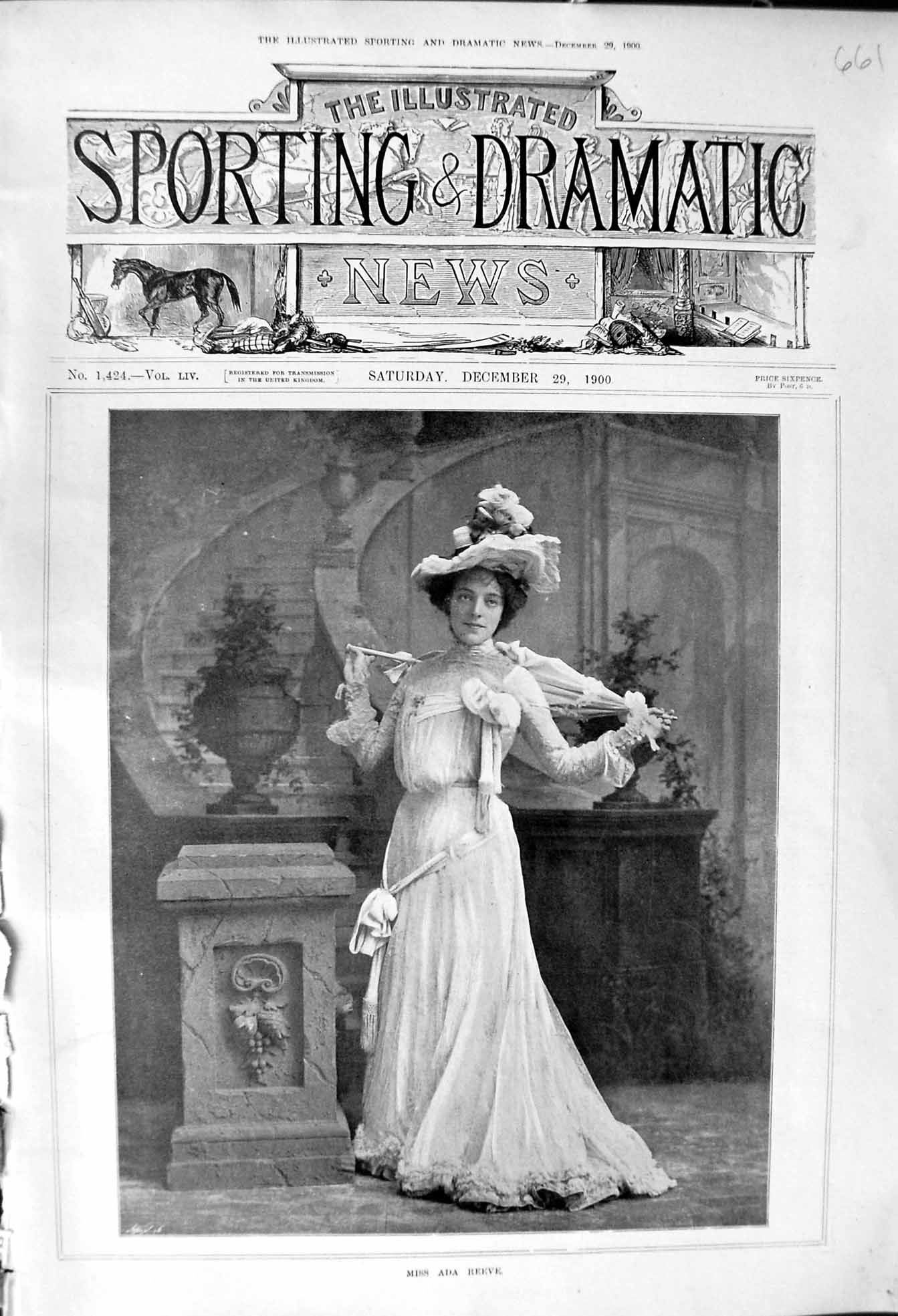 Original Old Antique Print 1900 Portrait Miss Ada Reeve Beautiful Lady Woman