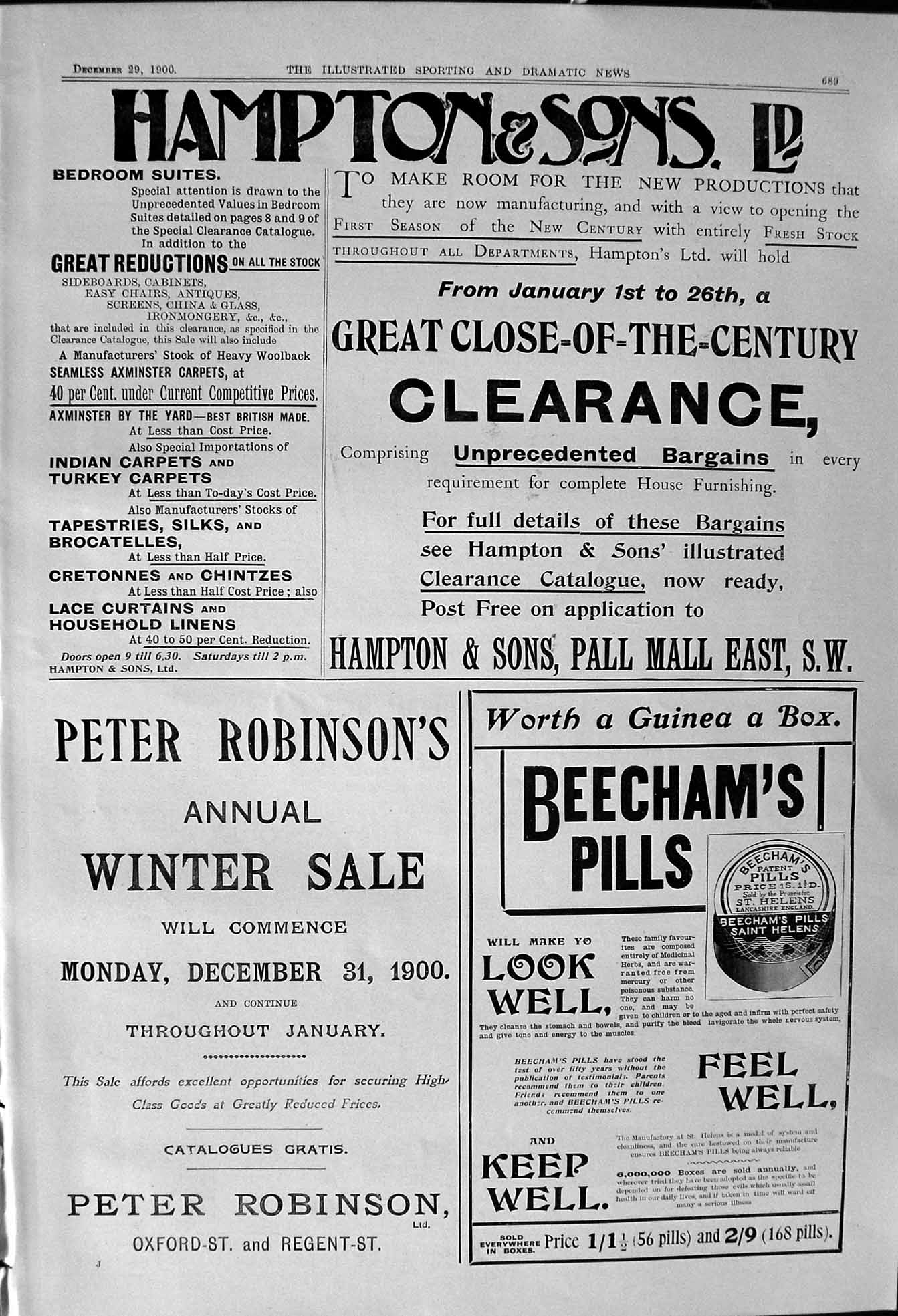 Old 1900 Advertisement Hampton Furniture Beechams Pills Peter Robinso Victorian
