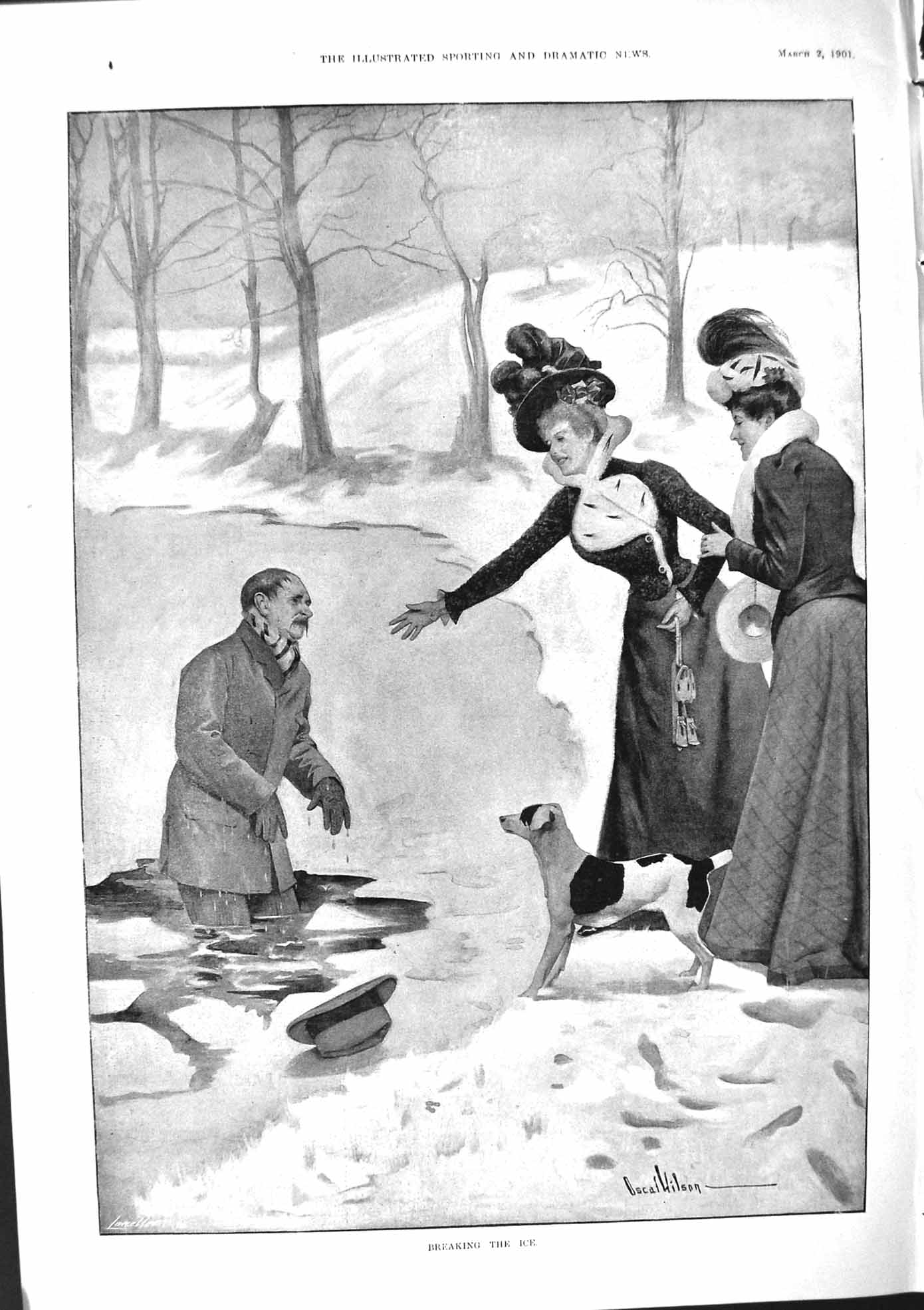Old Antique Print 1901 Breaking Ice Man Falling Lake Winter Scene Wilson 20th