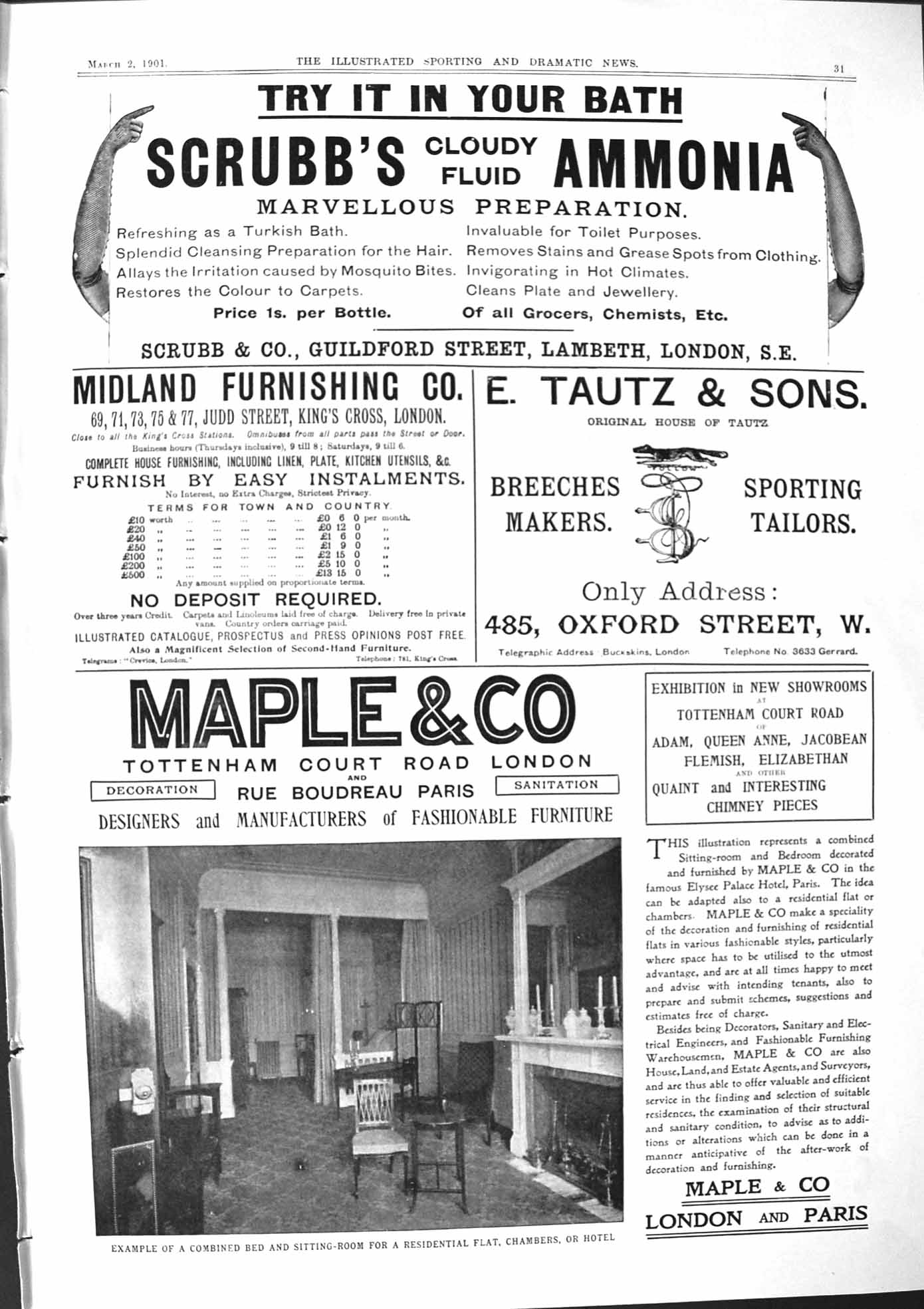 Antique Old Print 1901 Scrubb'S Ammonia Maple Furniture Tautz Tailors London