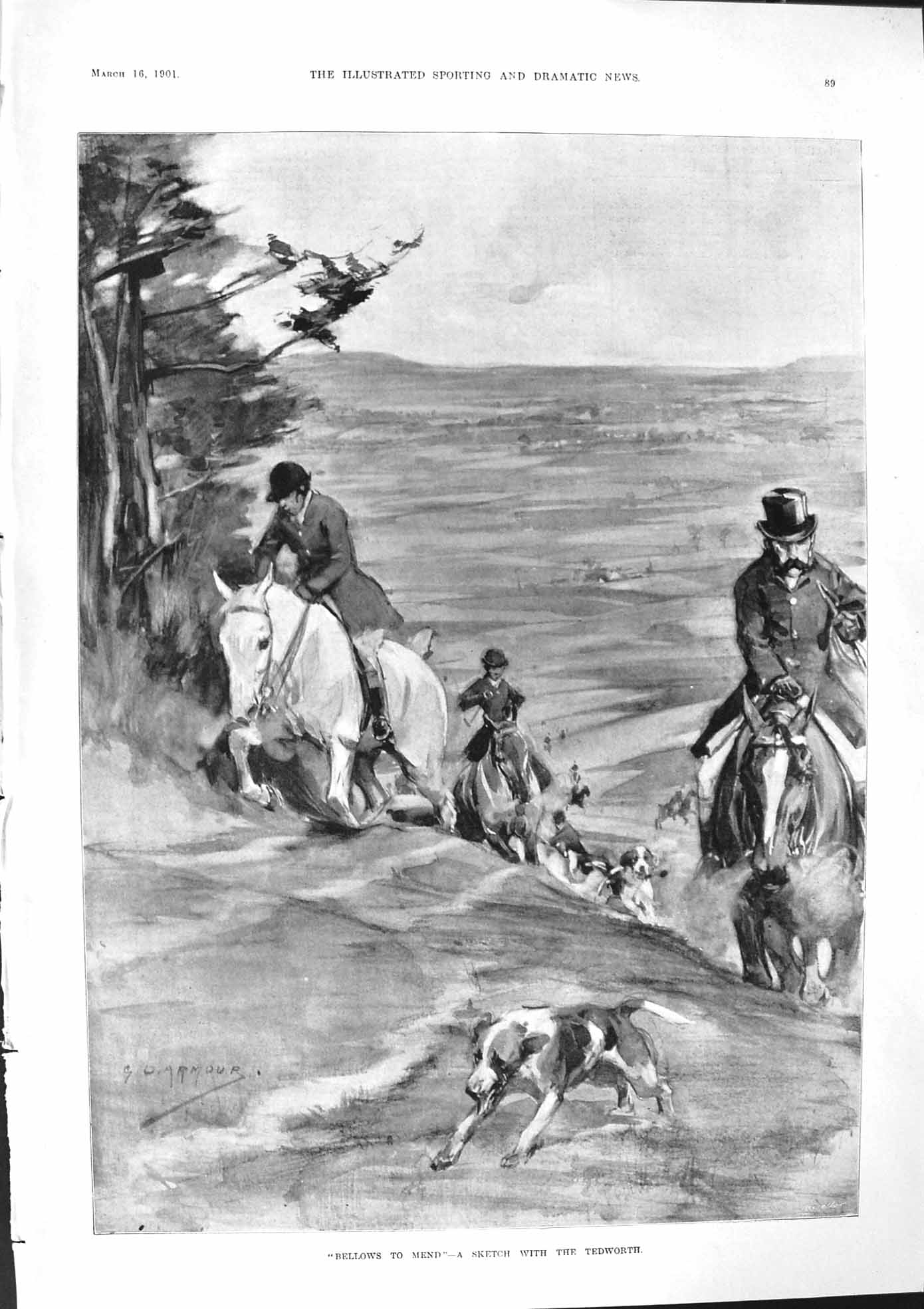 Old Print 1901 Hunting Scene Countryside Huntsmen Hounds Bellows Tedworth 20th