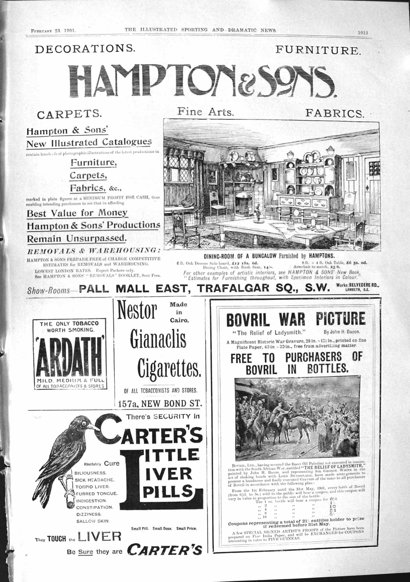 Old Print 1901 Hampton Furniture Carter'S Liver Pills Bovril War Picture 20th