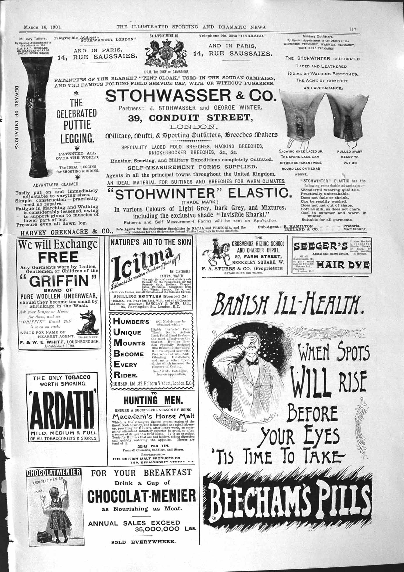 Old 1901 Advertisement Stohwasser Beechams Pills Ardath Chocolat Meni Victorian