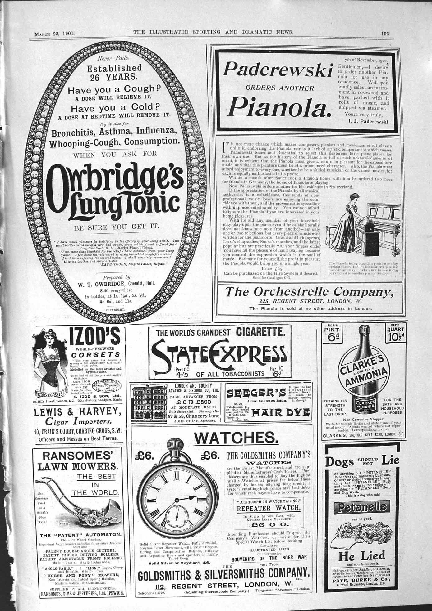 Old Print 1901 Owbridge'S Lung Tonic Cigarettes Ammonia Petanelle Watches 20th