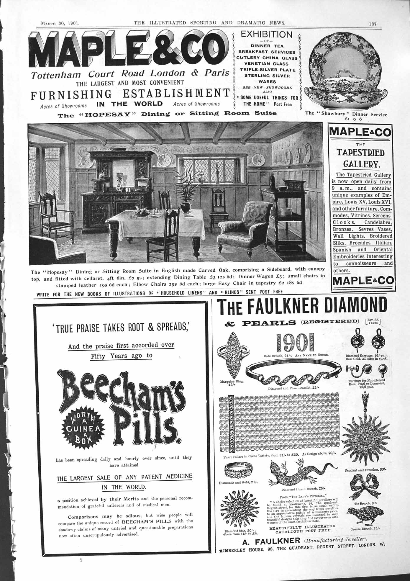 Antique Old Print 1901 Maple Furniture Beechams Pills Faulkner Ogdens Guinea G