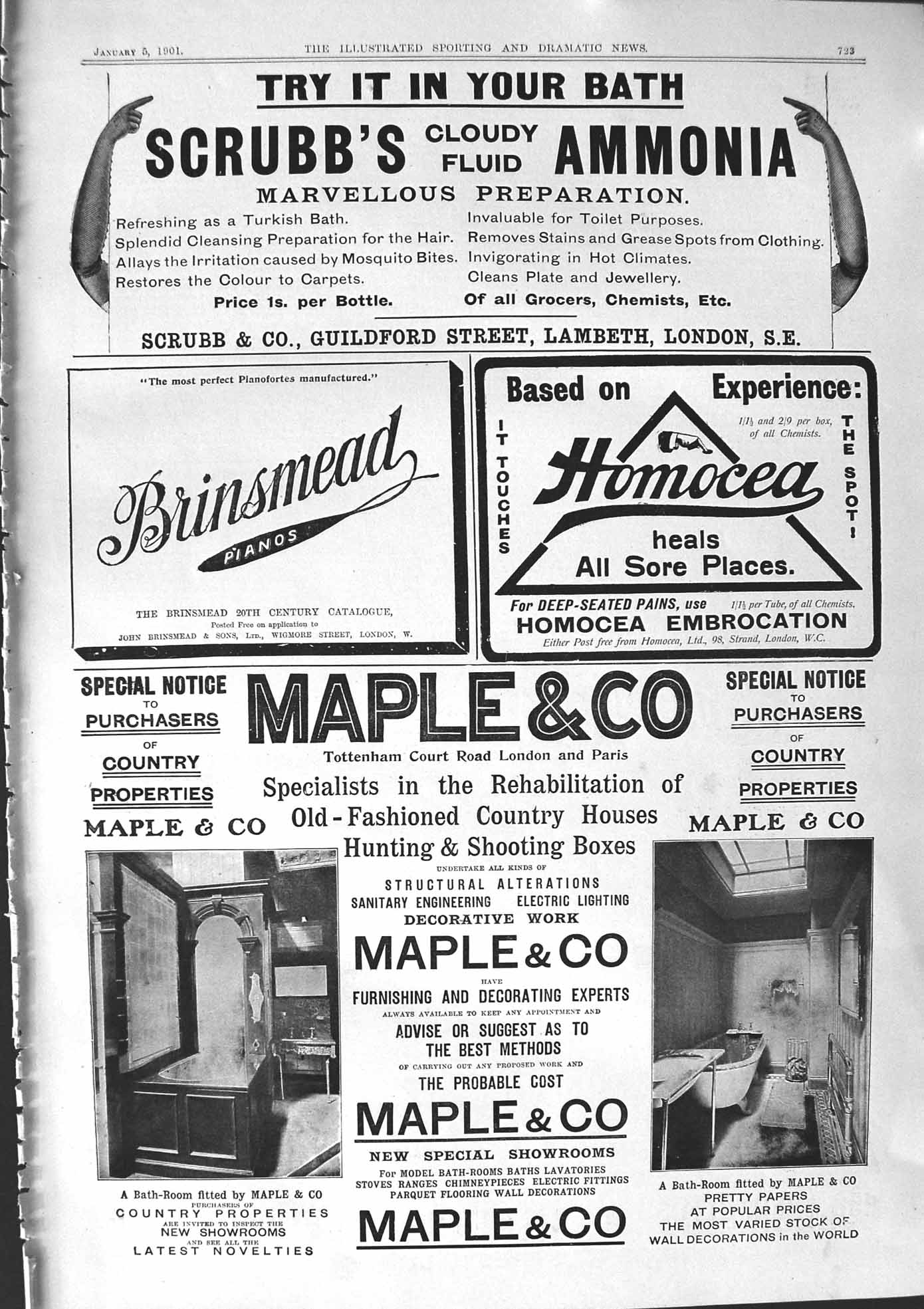 Old 1901 Advertisement Scrubb'S Smmonia Brinsmead Homocea Maple Furni Victorian