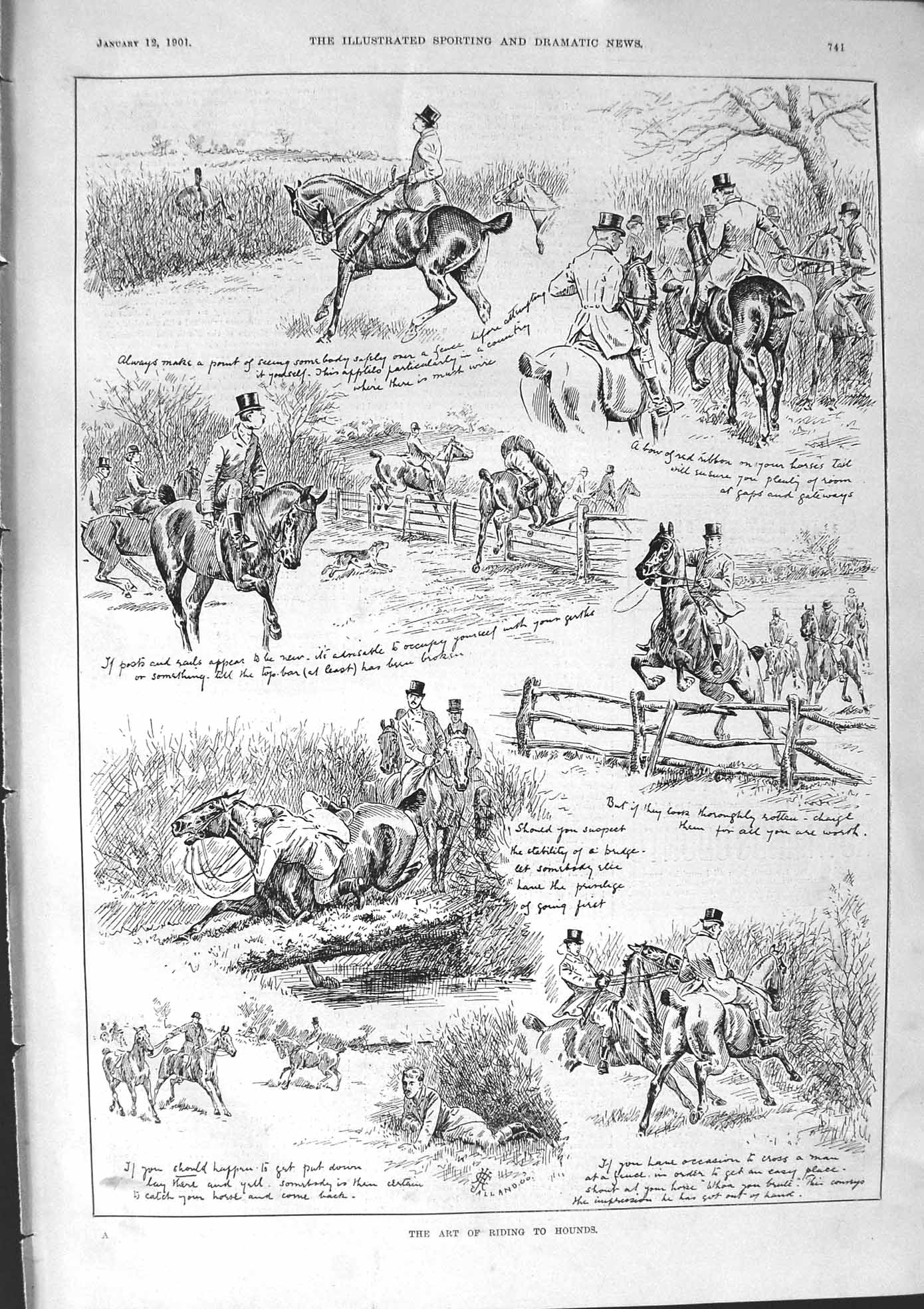 Old Print 1901 Sketch Art Riding Hounds Horses Dogs Jumping Hounds Sport 20th