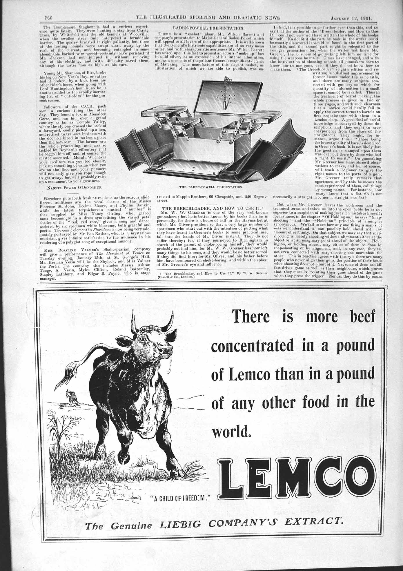 Antique Old Print 1901 Baden-Powell Cachet Lemco Liebig Harlene Hair Maple Co
