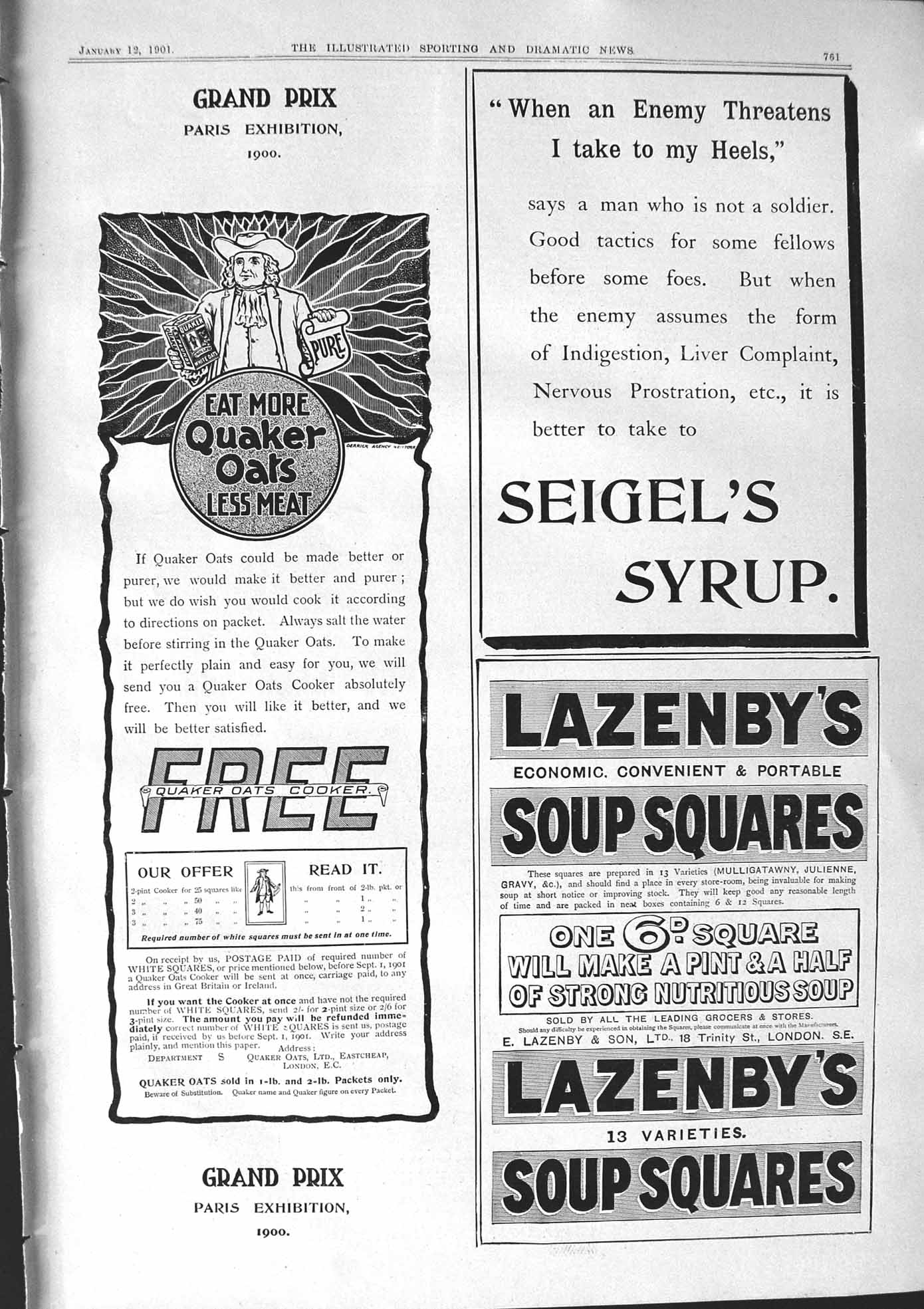 Antique Print 1901 Quaker Oats Paris Exhibition Seigels Syrup Lazenby Soup 20th