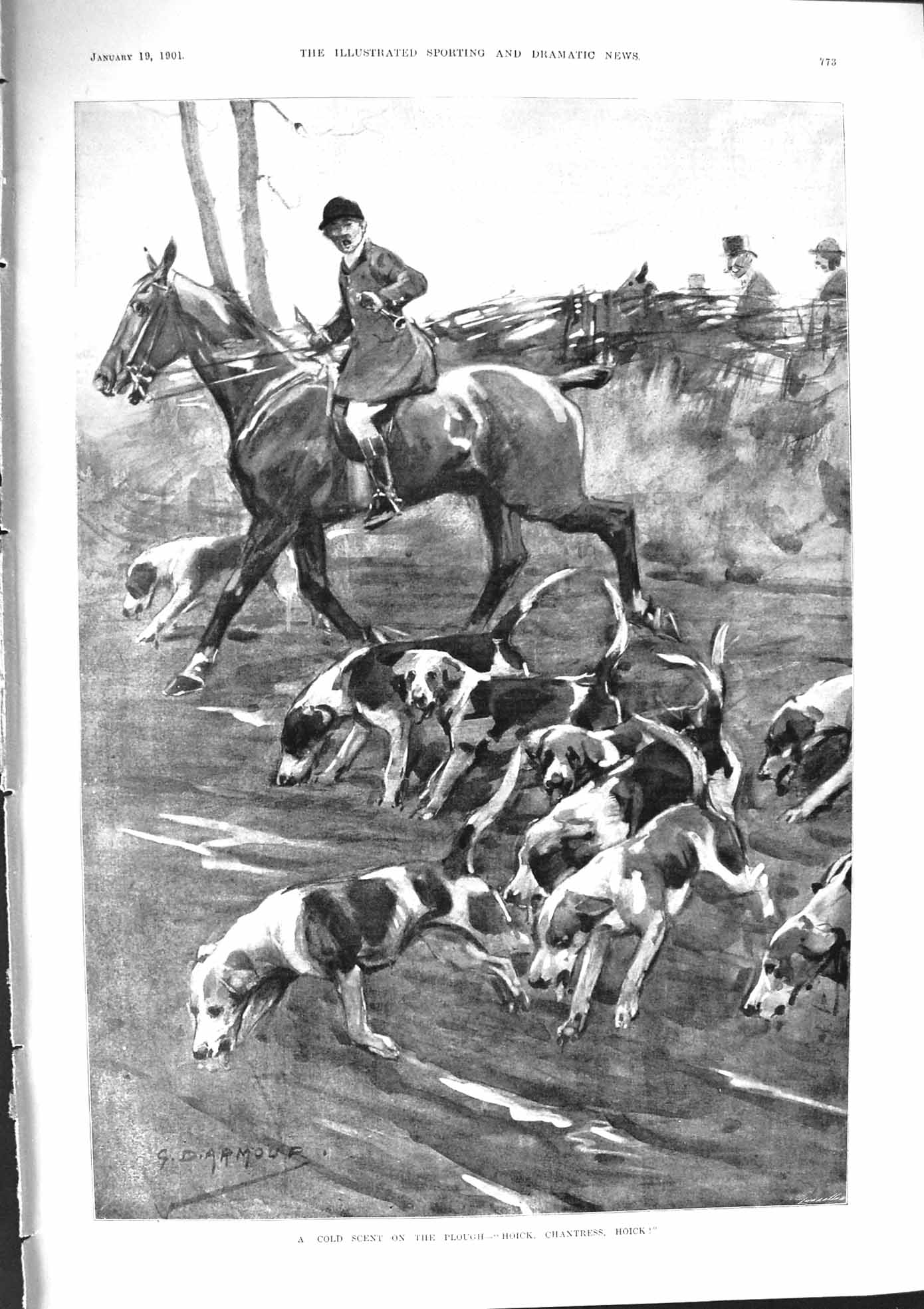 Old Antique Print 1901 Armour Hunting Hounds Horses Hoick Chantress Dogs 20th