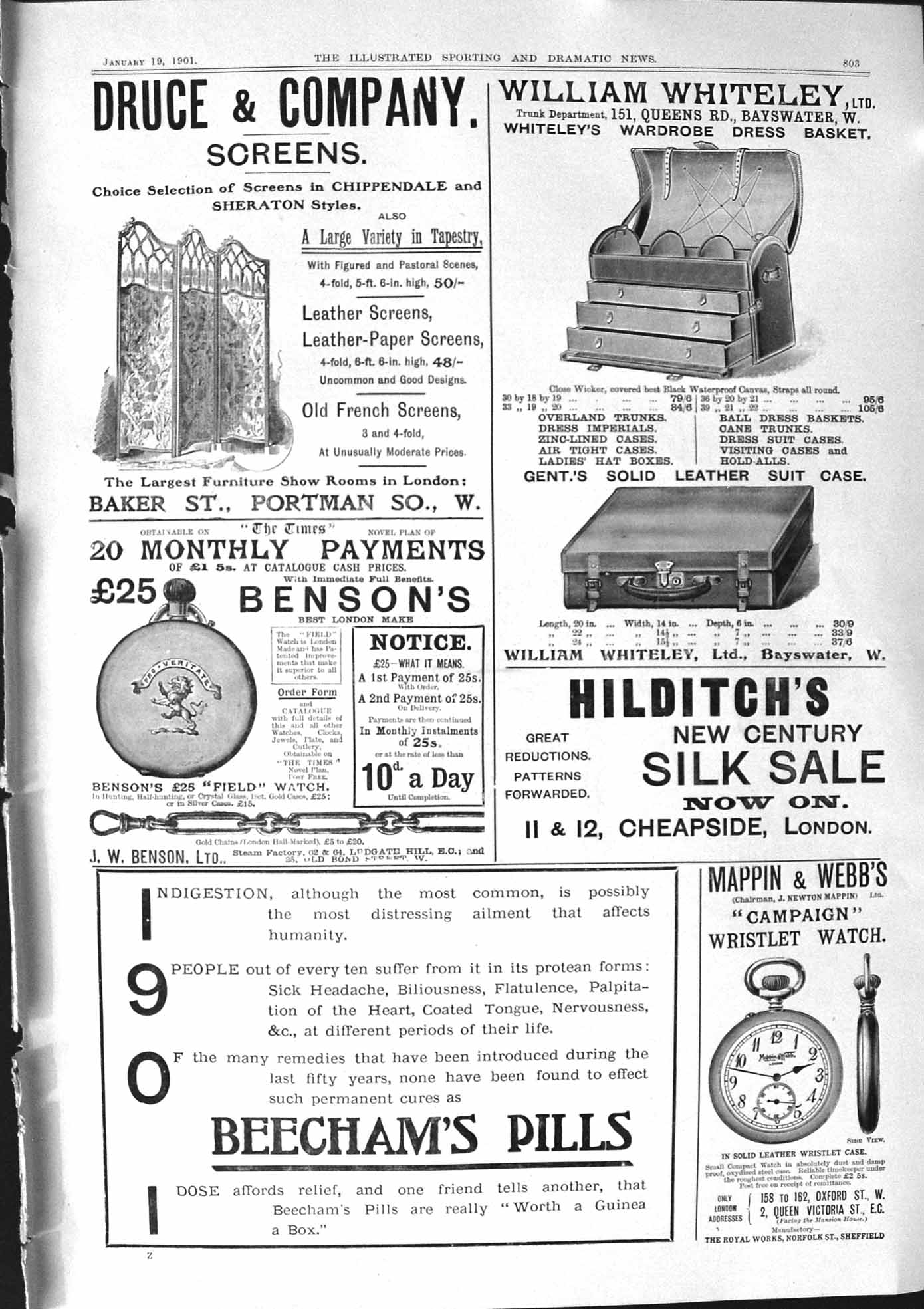 Antique Old Print 1901 Druce William Whiteley Bensons Hilditch Beechams Pills