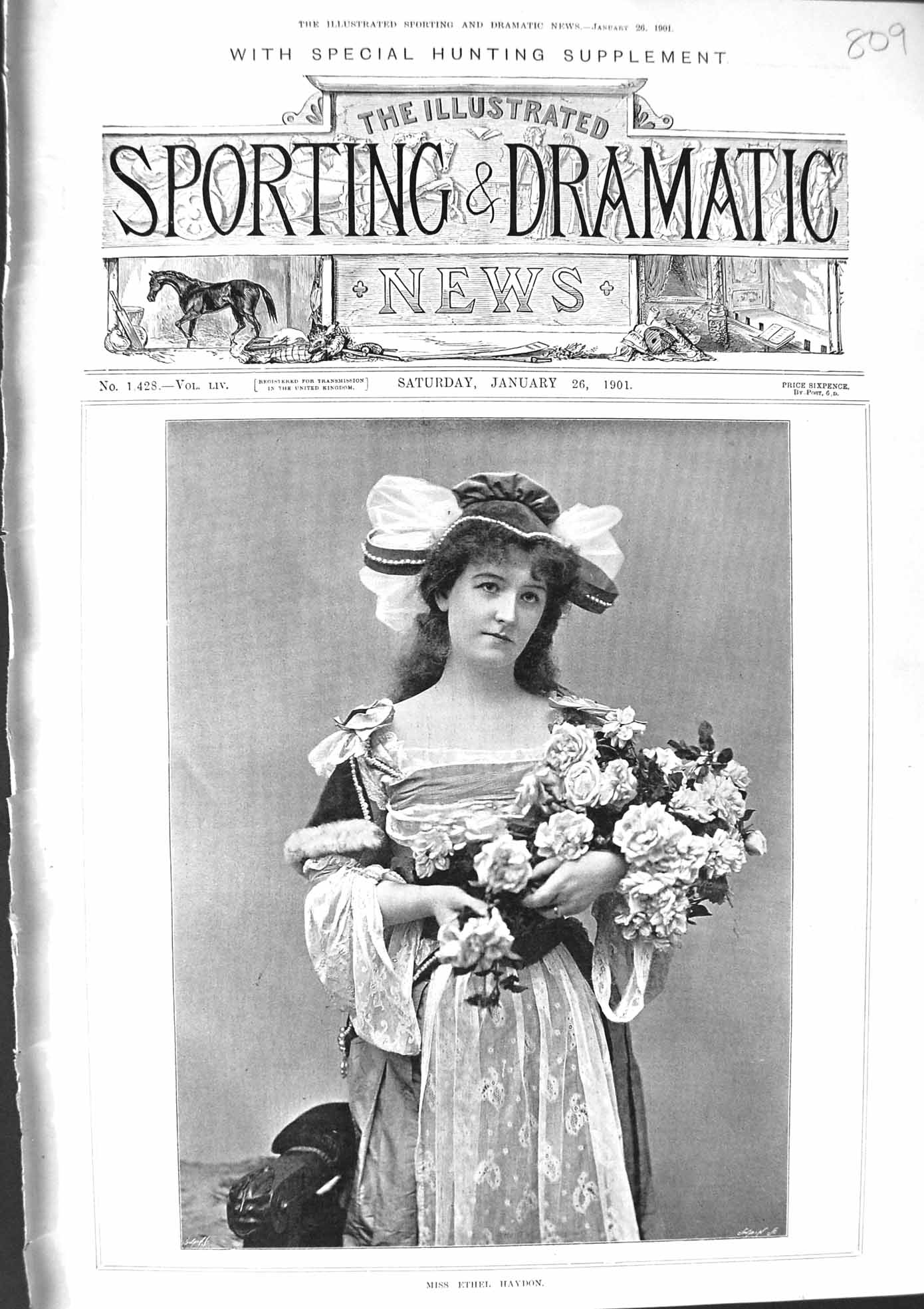 Old Print 1901 Portrait Miss Ethel Haydon Flowers Beautiful Girl Theatre 20th
