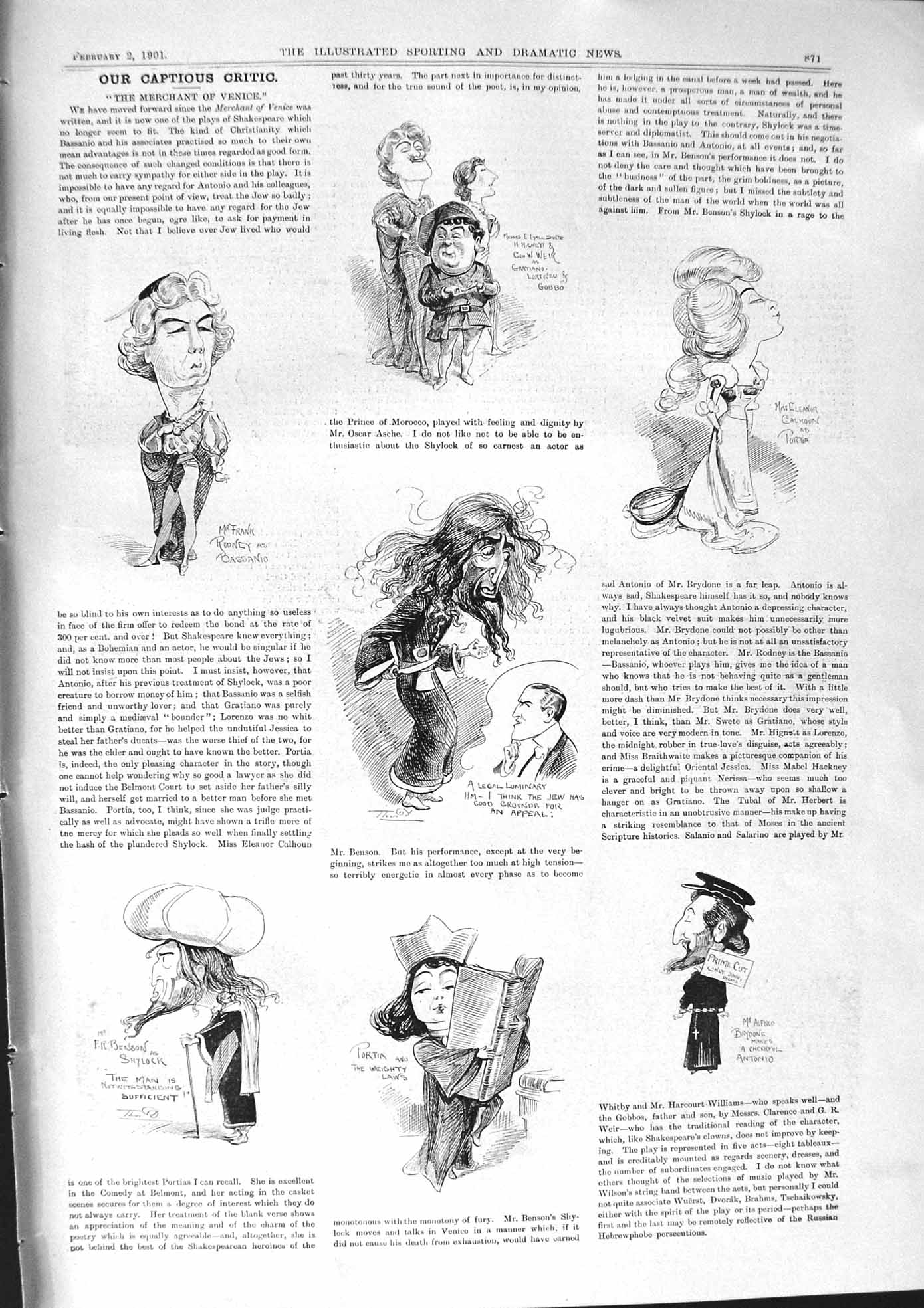 Old 1901 Merchant Venice Theatre Caricatures Norris Joseph Widger Hor Victorian