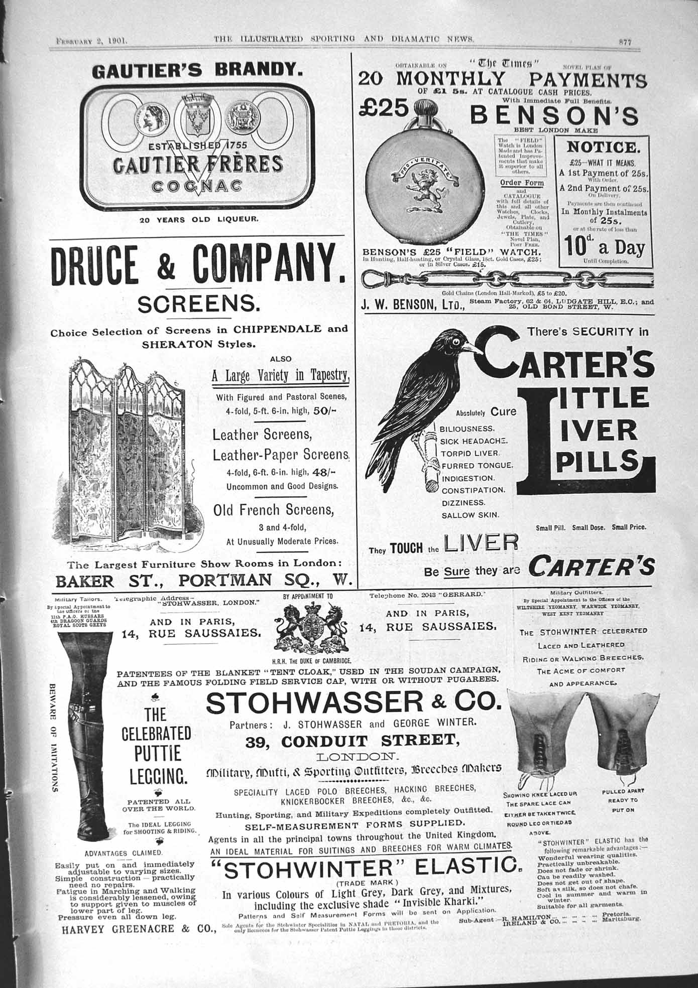 Antique Old Print 1901 Gautier Brandy Bensons Carter'S Liver Pills Stohwasser