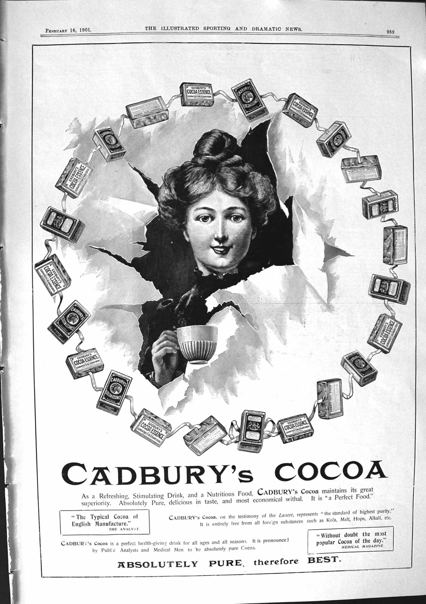 Old Print 1901 Cadbury'S Cocoa Pemberton Rhinoceros Hippopotamus Hunting 20th