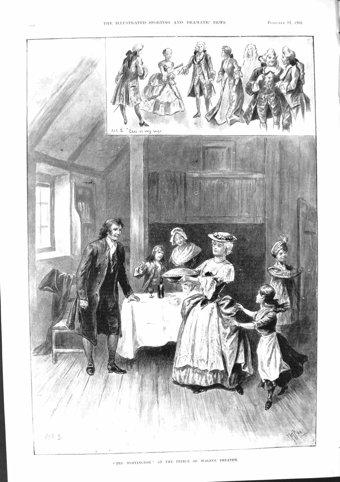 Original Old Antique Print 1901 Peg Woffington Prince Wales Theatre Victorian