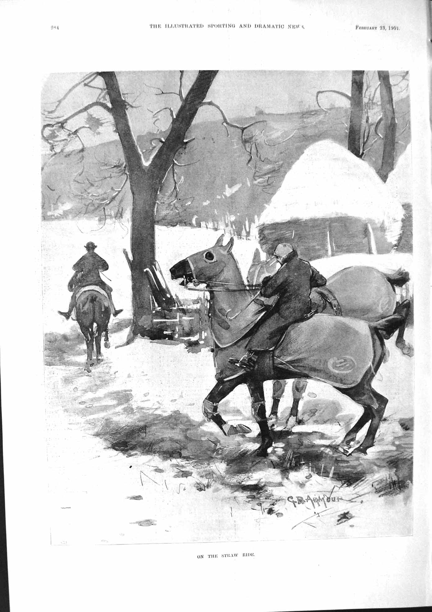 Original Old Antique Print 1901 Straw Ride Men Horses Winter Scene Victorian