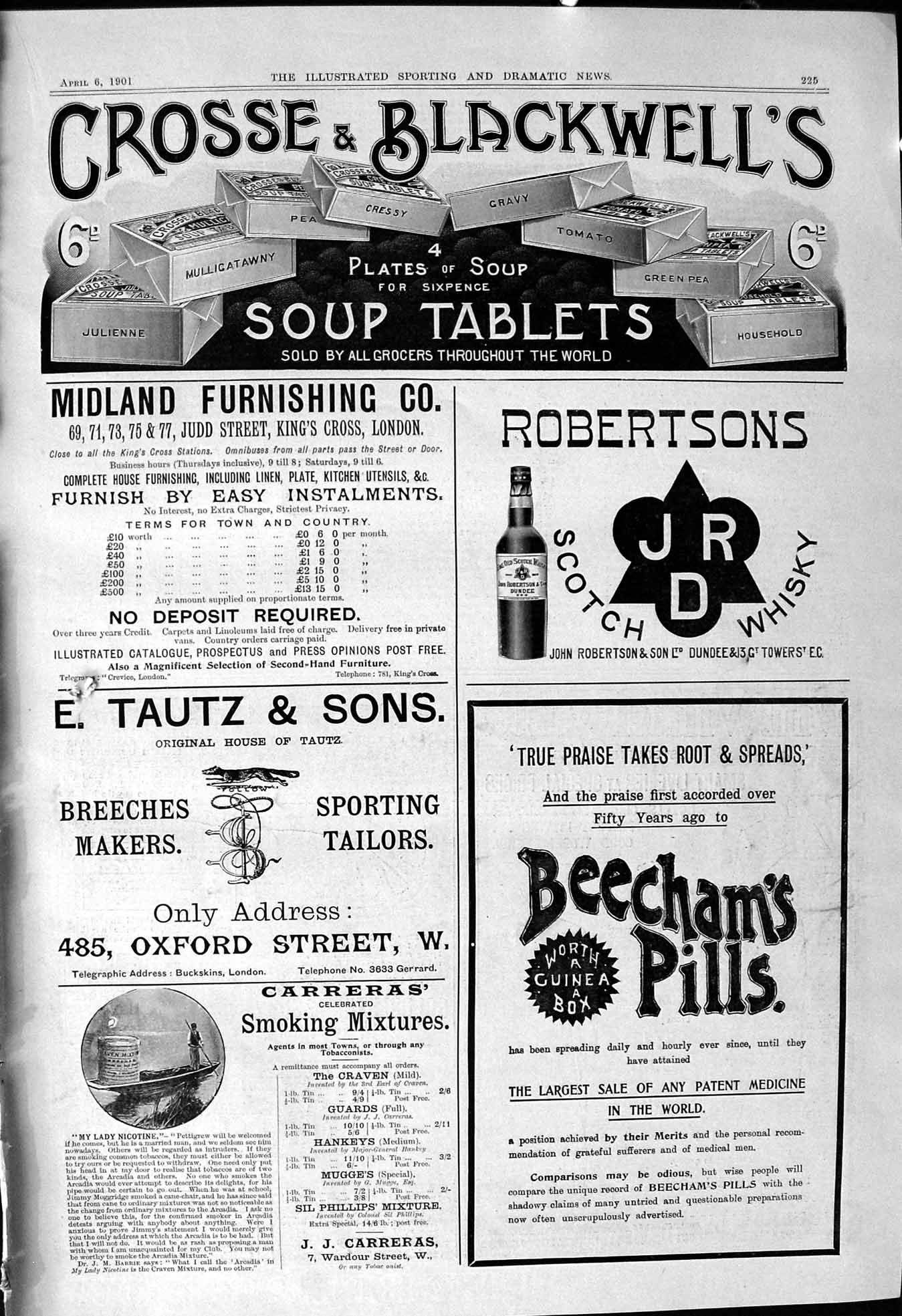 Old Print 1901 Crosse Blackwell Soup Tablets Beechams Pills J.R.D. Whisky 20th