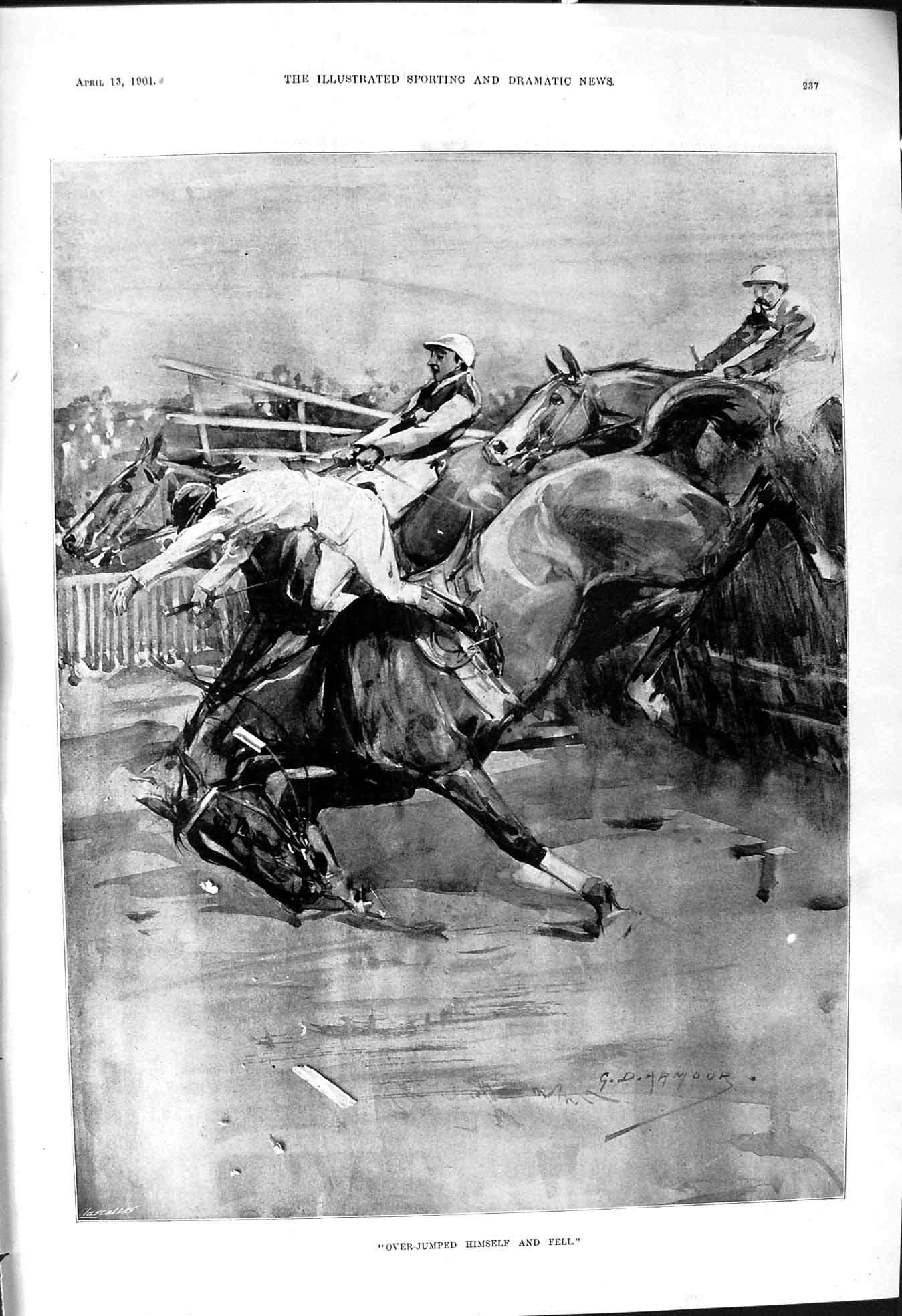 Original Old Antique Print 1901 Armour Racing Jumping Fallen Horse Jockey Sport