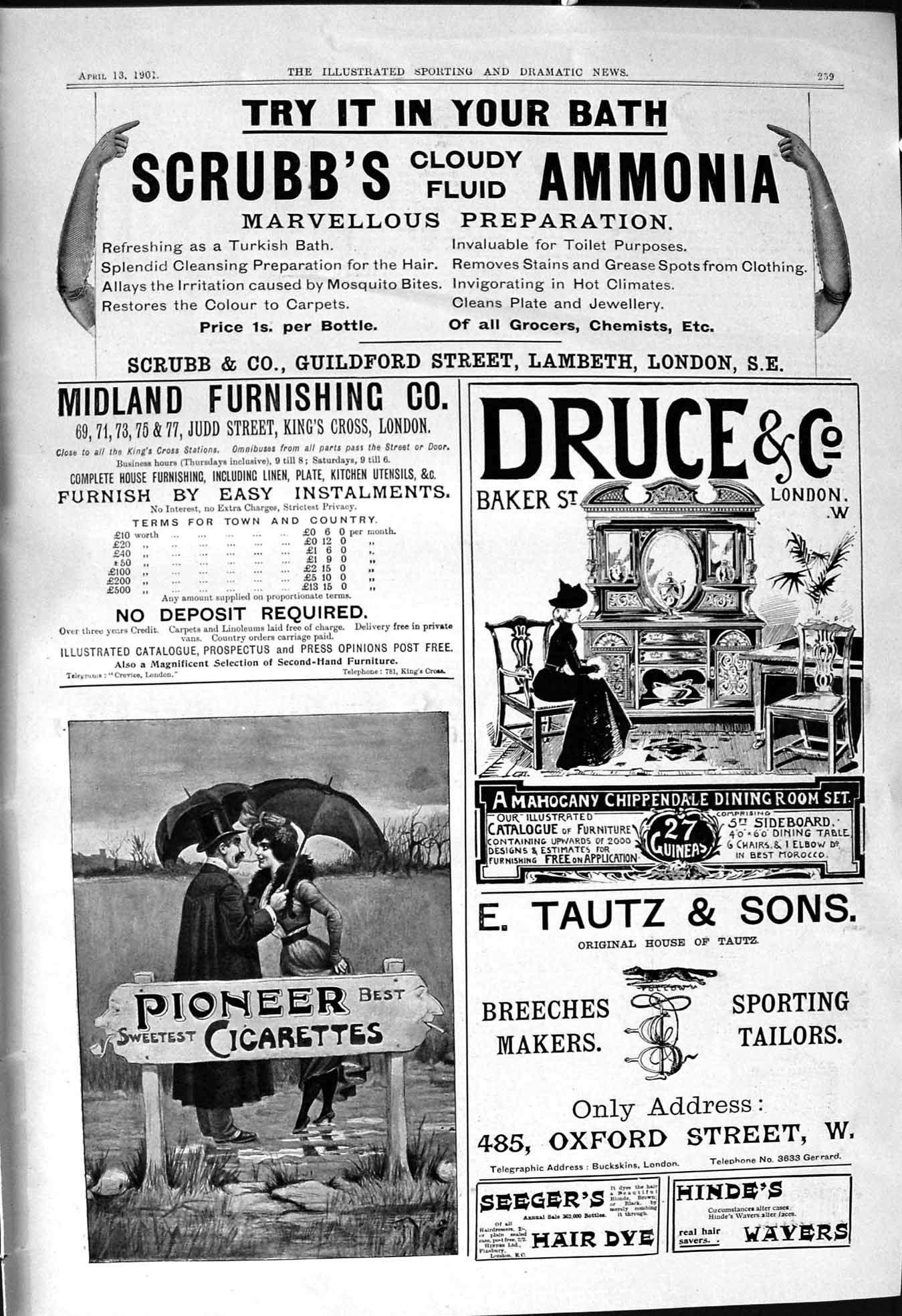 Old Print 1901 Scrubbs Ammonia Pioneer Cigarettes Tautz Druce Seegers Dye 20th