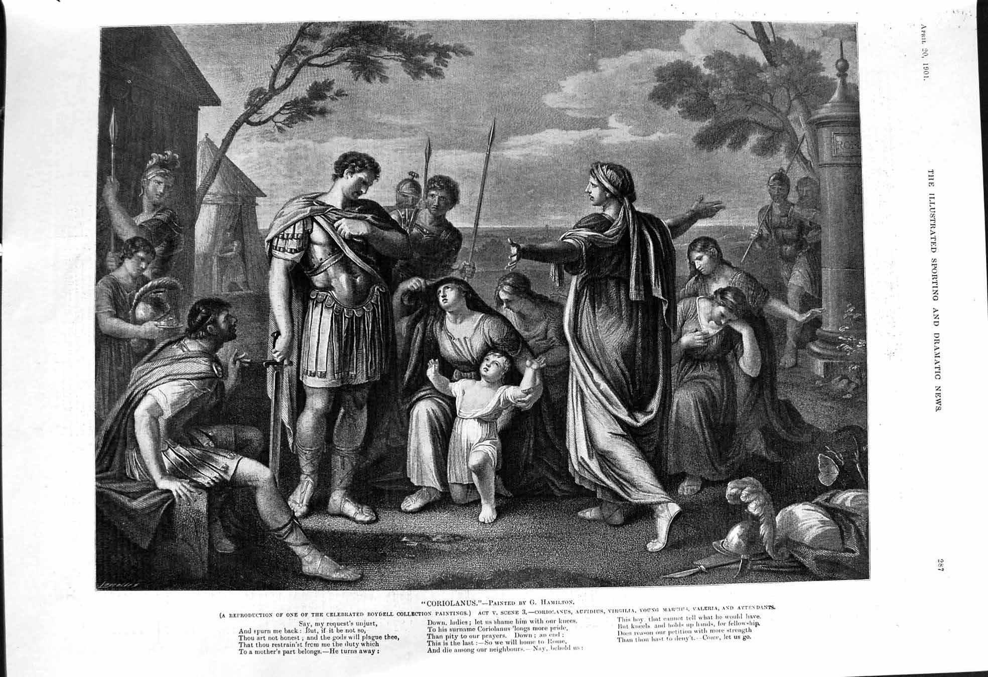 Old Print 1901 Coriolanus Reproduction Boydell Paintings Aufidius Valeria 20th