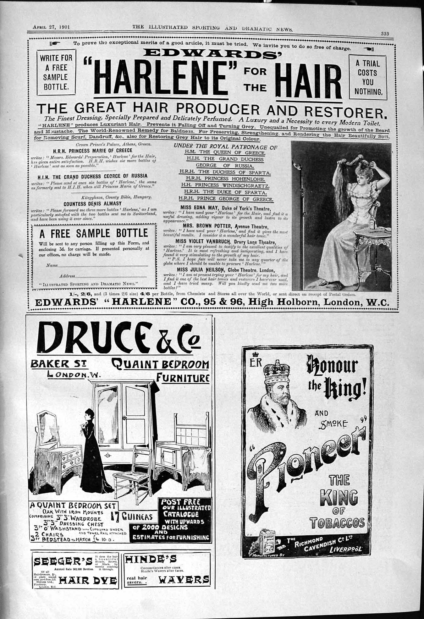 Antique Old Print 1901 Edwardsa Harlene Hair Restorer Druce Pioneer Tobacco