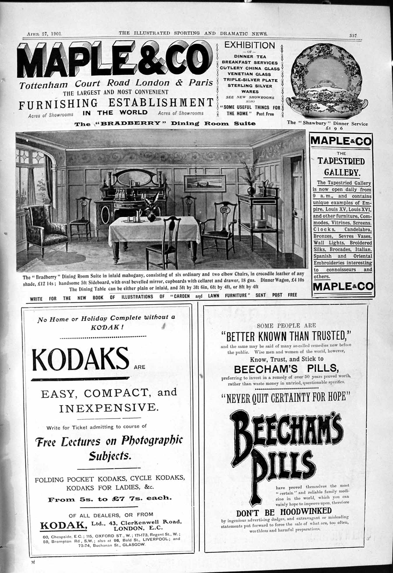 Old 1901 Advertisement Maple Furnishings Beechams Pills Kodak Photogr Victorian