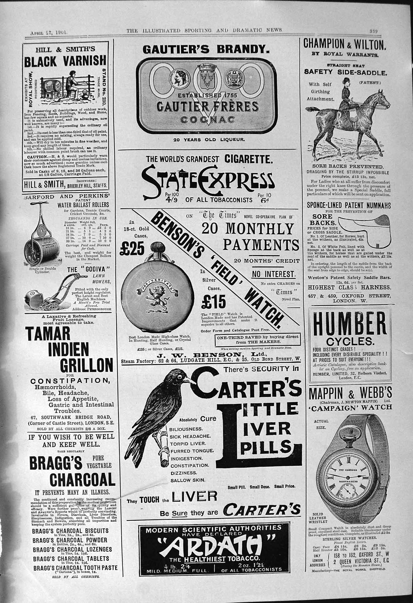 Antique Print 1901 Gautiers Brandy Carter'S Pills Mappin Webb Humber Cycles