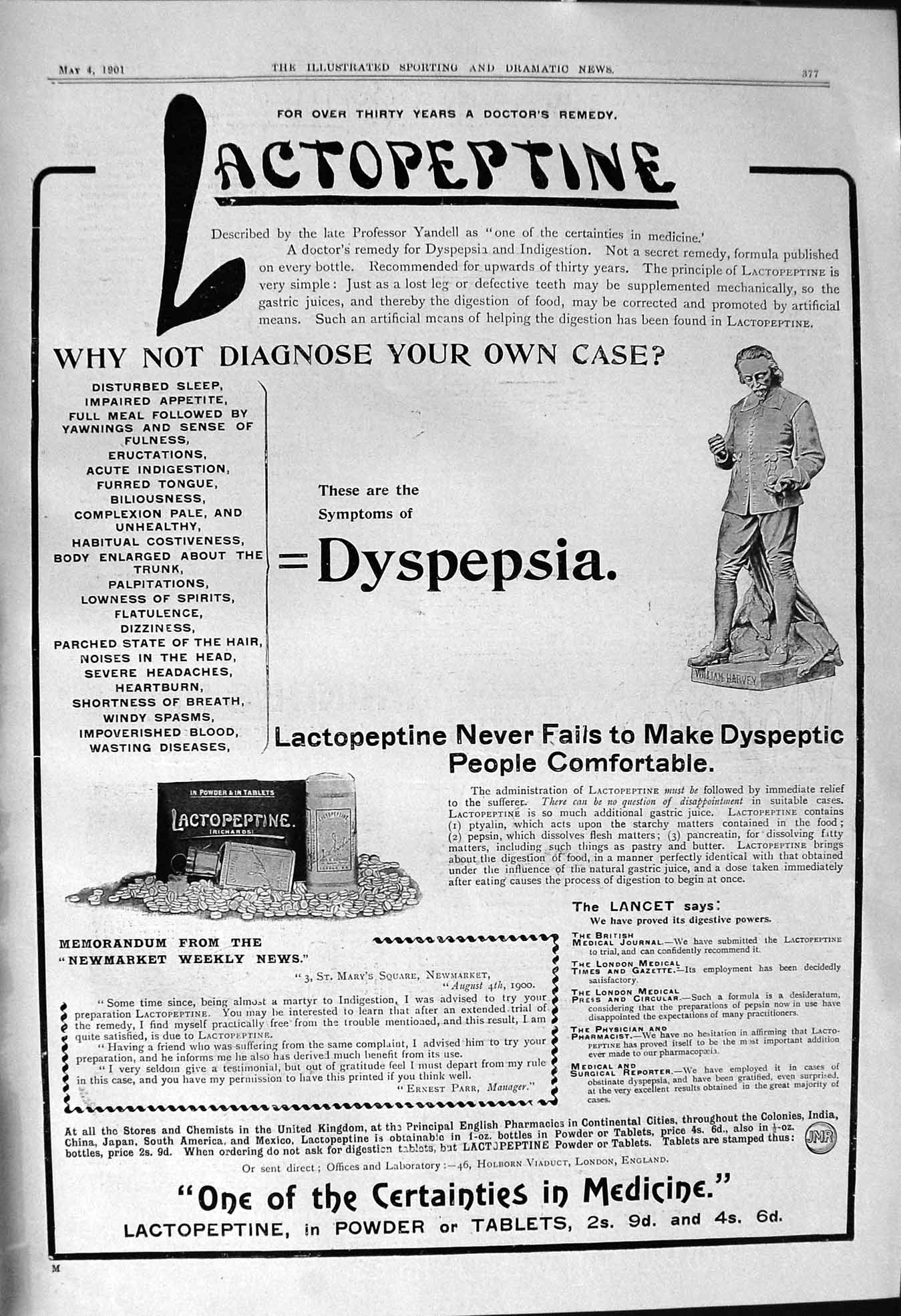 Antique Print 1901 Lactopeptine Dyspepsia Mappin Webb Trowel Duke Cornwall 20th