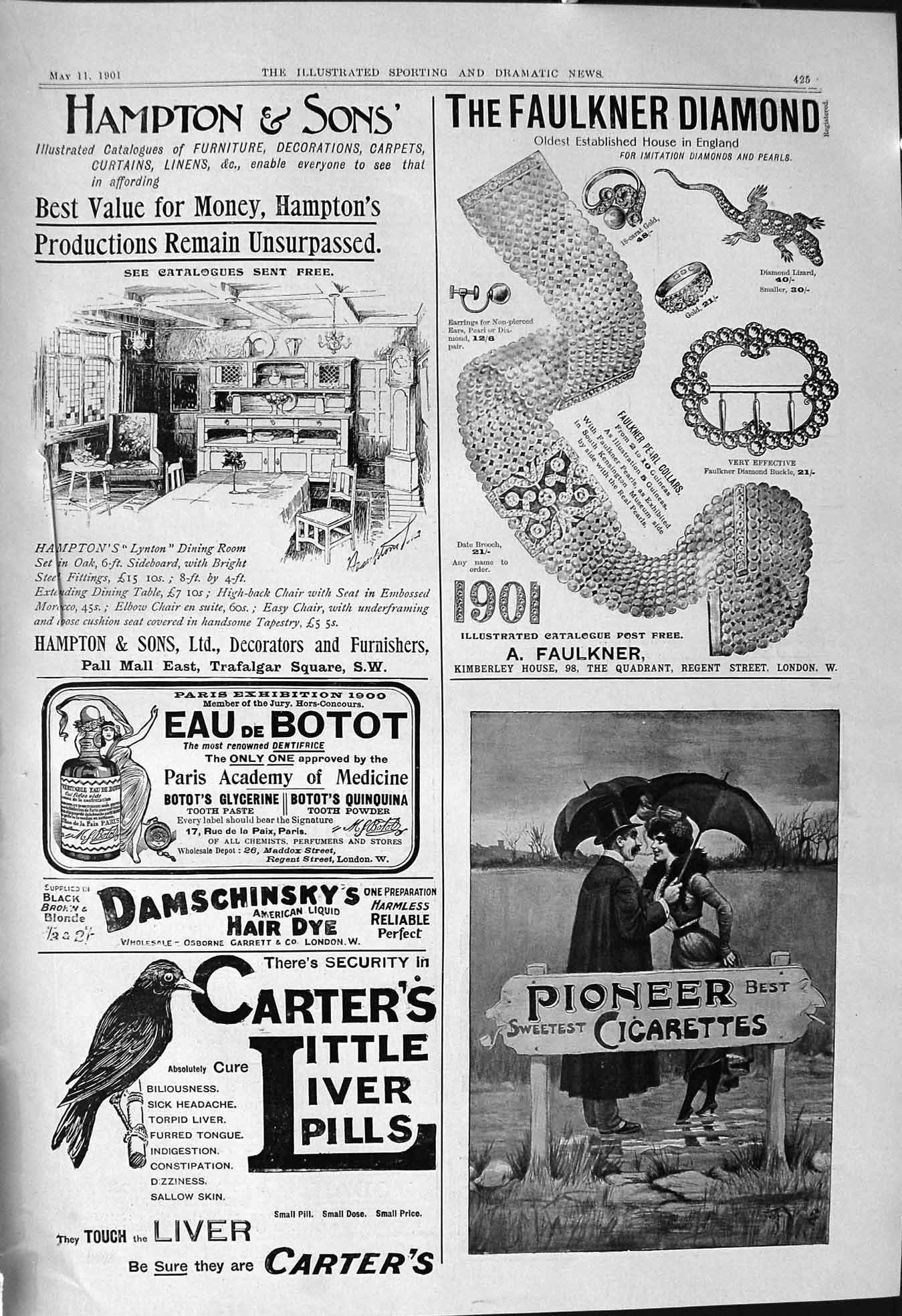 Old Print 1901 Pioneer Cigarettes Faulkner Diamond Hampton Carter'S Pills 20th