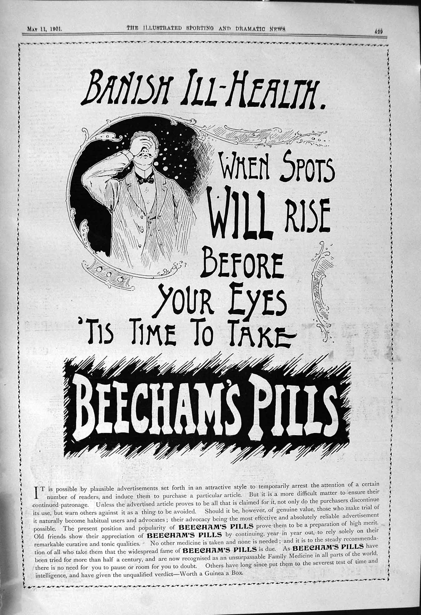 Original Old Antique Print 1901 Advertisement Beechams Pills Tonic Victorian