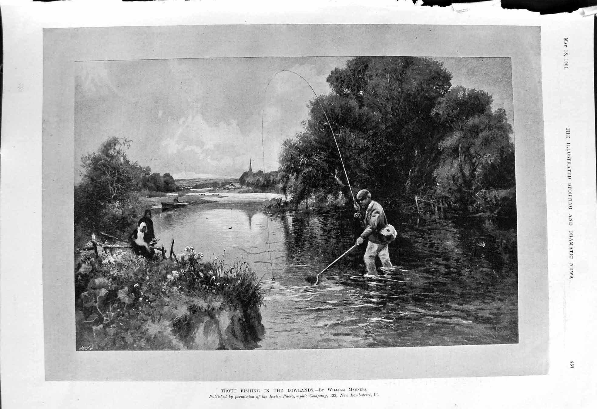 Antique Print 1901 Trout Fishing Lowlands River Angler Boat William Manners