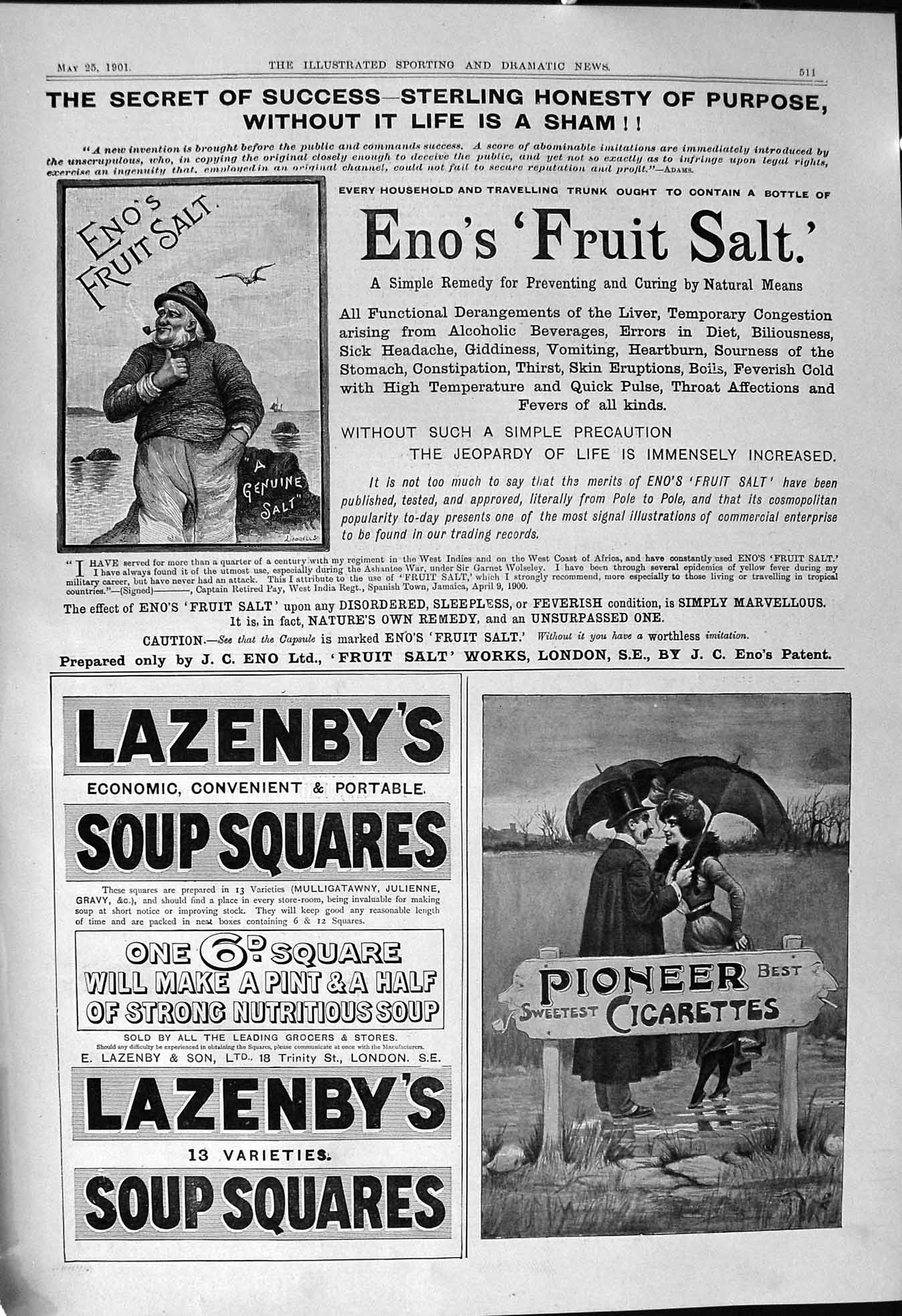 Antique Print 1901 Eno'S Fruit Salt Pioneer Cigarettes Lazenby Soup Squares
