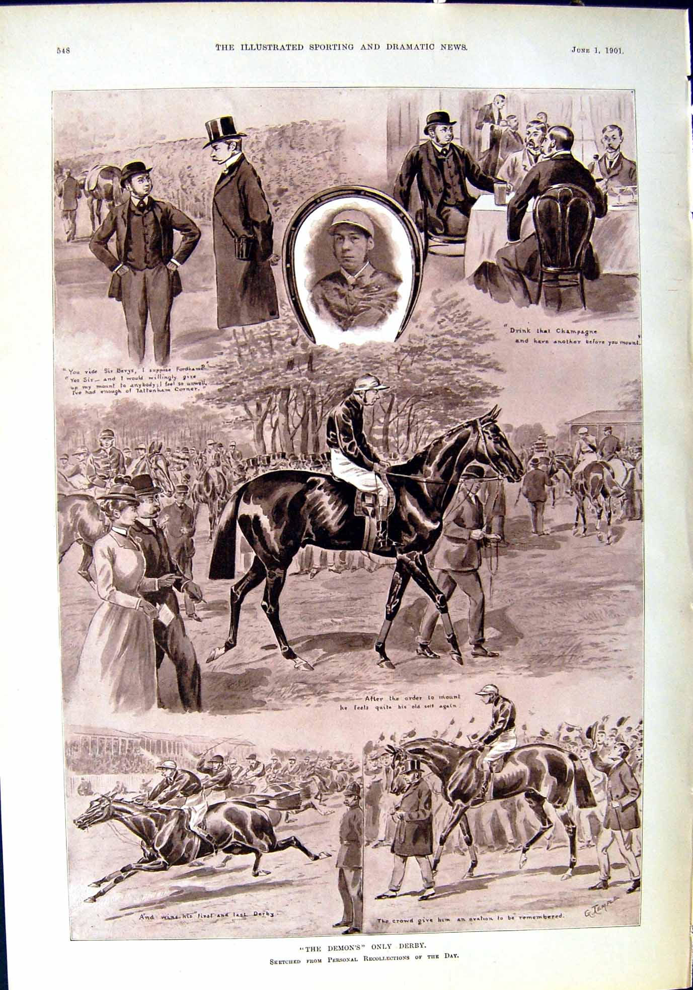 Old 1901 Demon'S Derby Horses Jockey Sport American Rider Betting Pol Victorian