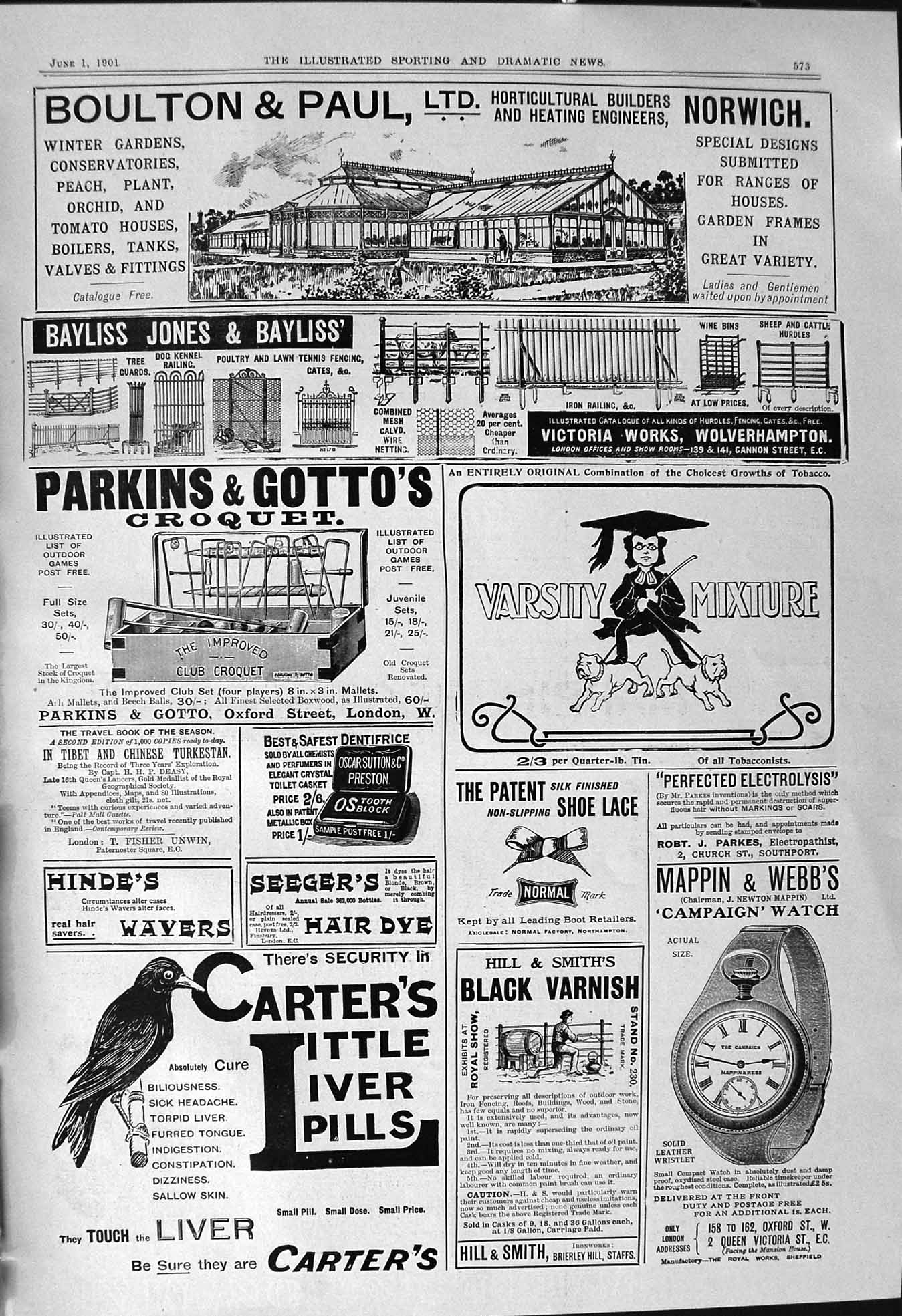 Old Print 1901 Boulton Paul Carters Pills Mappin Parkins Gotto Blackwell 20th