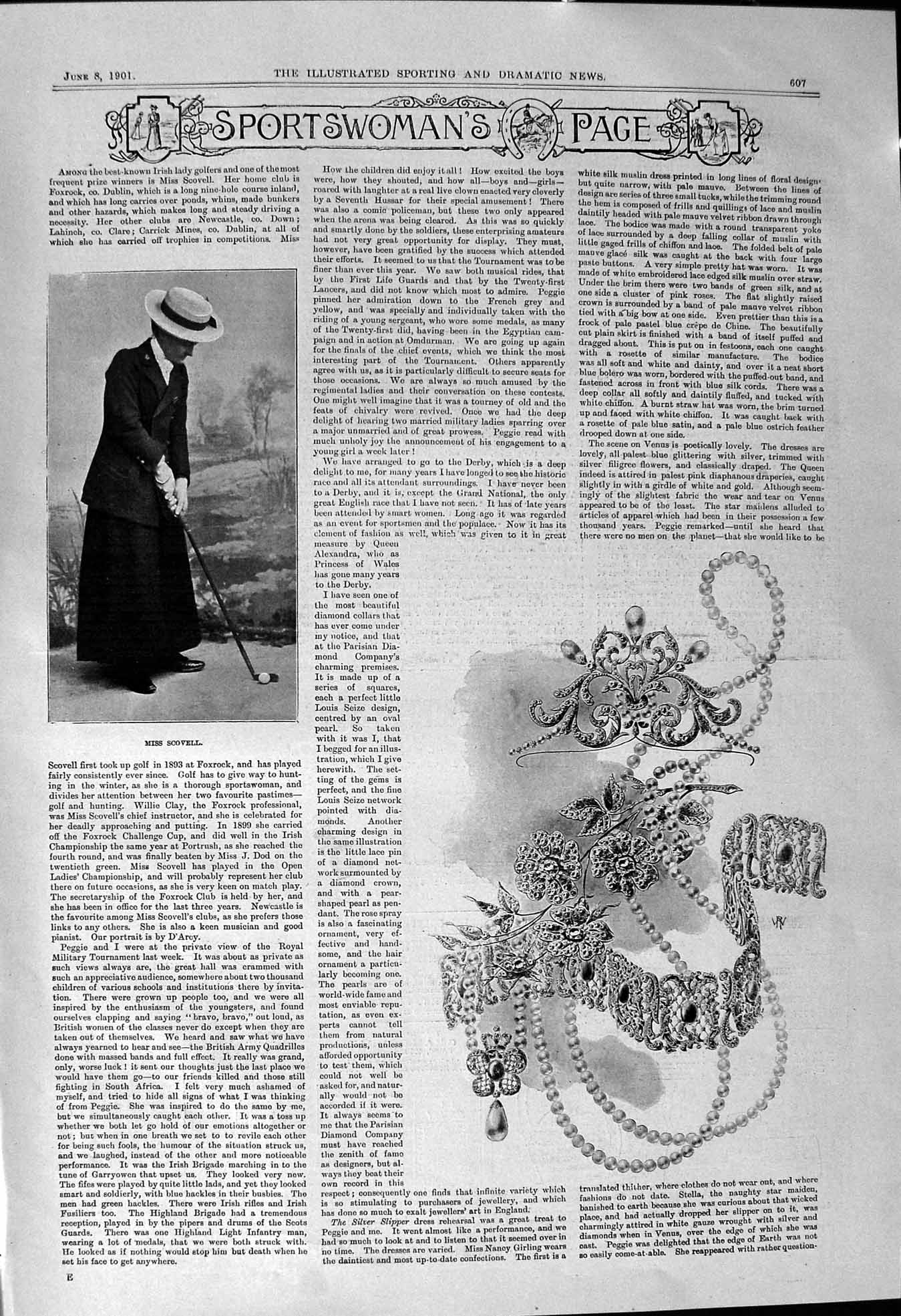 Old Antique Print 1901 Portrait Miss Scovell Golf Sport Pearls Jewellery 20th